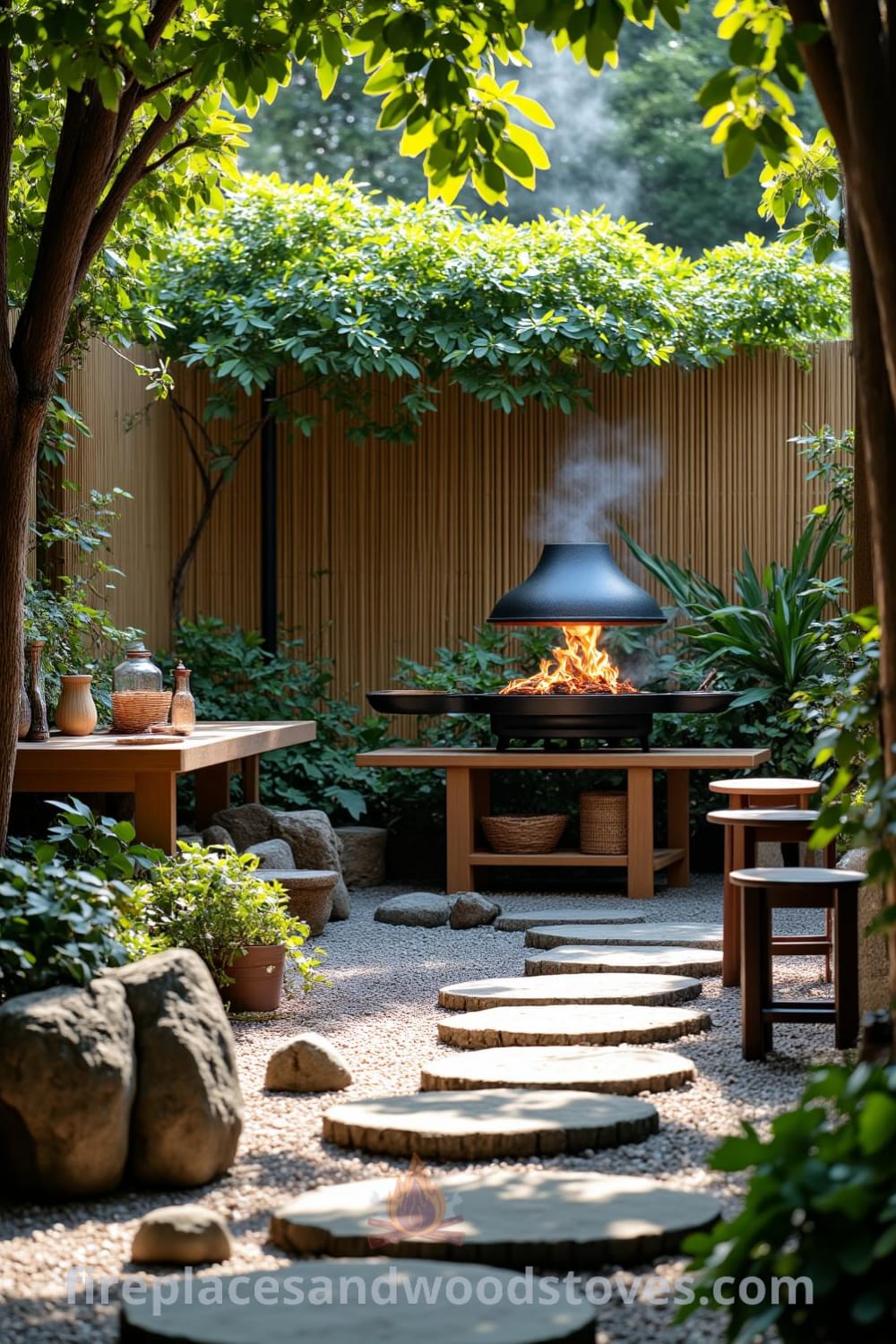 Japanese Zen barbecue blending with nature, featuring a wood-fired grill, bamboo accents, and lush greenery, creating a cozy outdoor retreat for gatherings with friends, showcasing unique decor ideas and inspirations from fireplacesandwoodstoves.com.