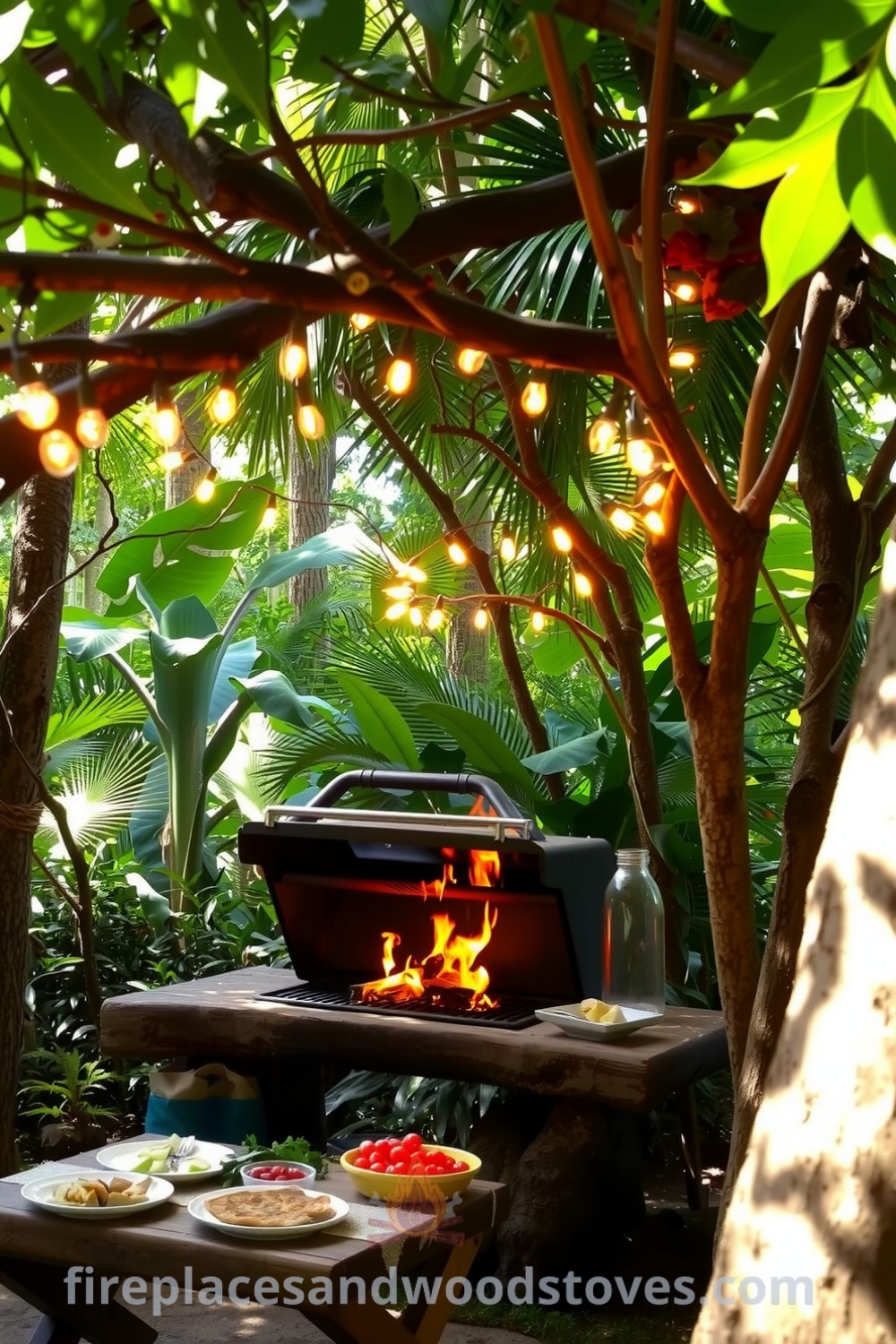 Cozy jungle barbecue scene featuring a rustic wooden grill with flickering flames, surrounded by lush greenery, a low table with fresh ingredients, and twinkling lights, offering inspiring decor ideas for your home at fireplacesandwoodstoves.com.