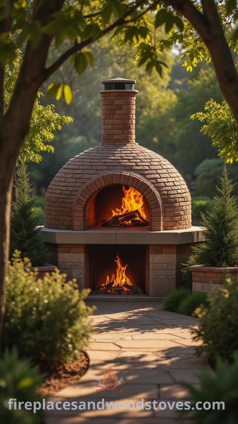 A traditional brick oven in an outdoor setting, surrounded by greenery, featuring a rounded shape and chimney, evoking warmth and rustic charm.
