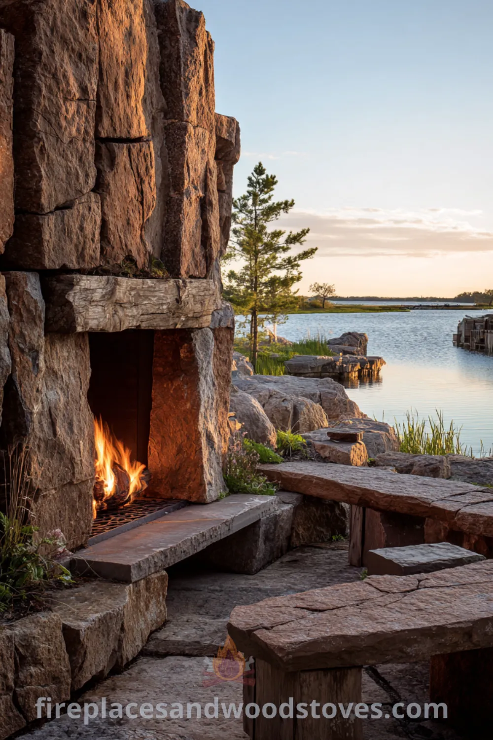 Rustic outdoor fireplace with rough-hewn stone seating, natural stone river rock, and warm fire glow in a tranquil lakeside setting.