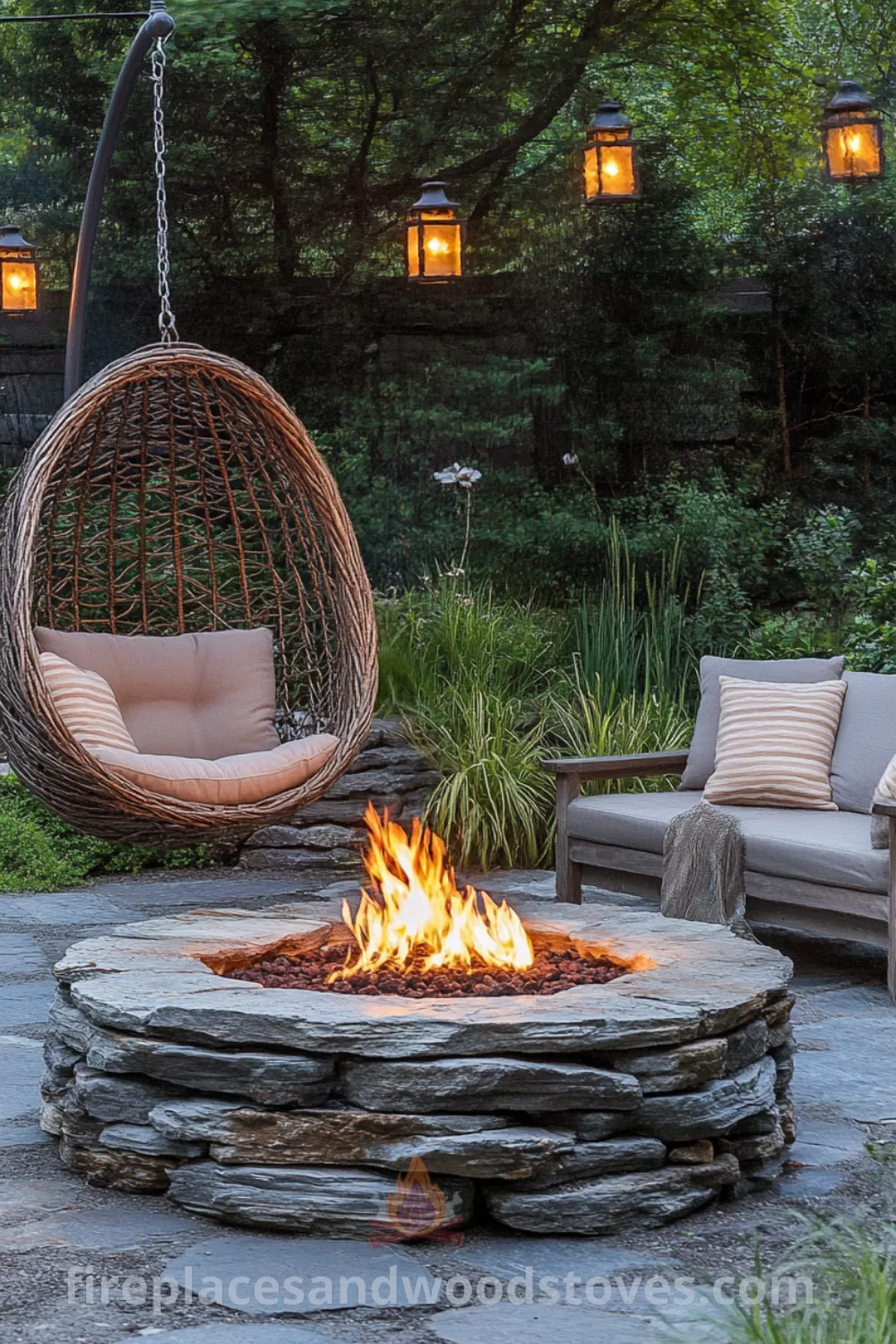 Cozy backyard fire pit area on fireplacesandwoodstoves.com, showcasing a fire pit seating arrangement, outdoor decor ideas, and backyard landscaping inspirations for an inviting outdoor fire pit experience.