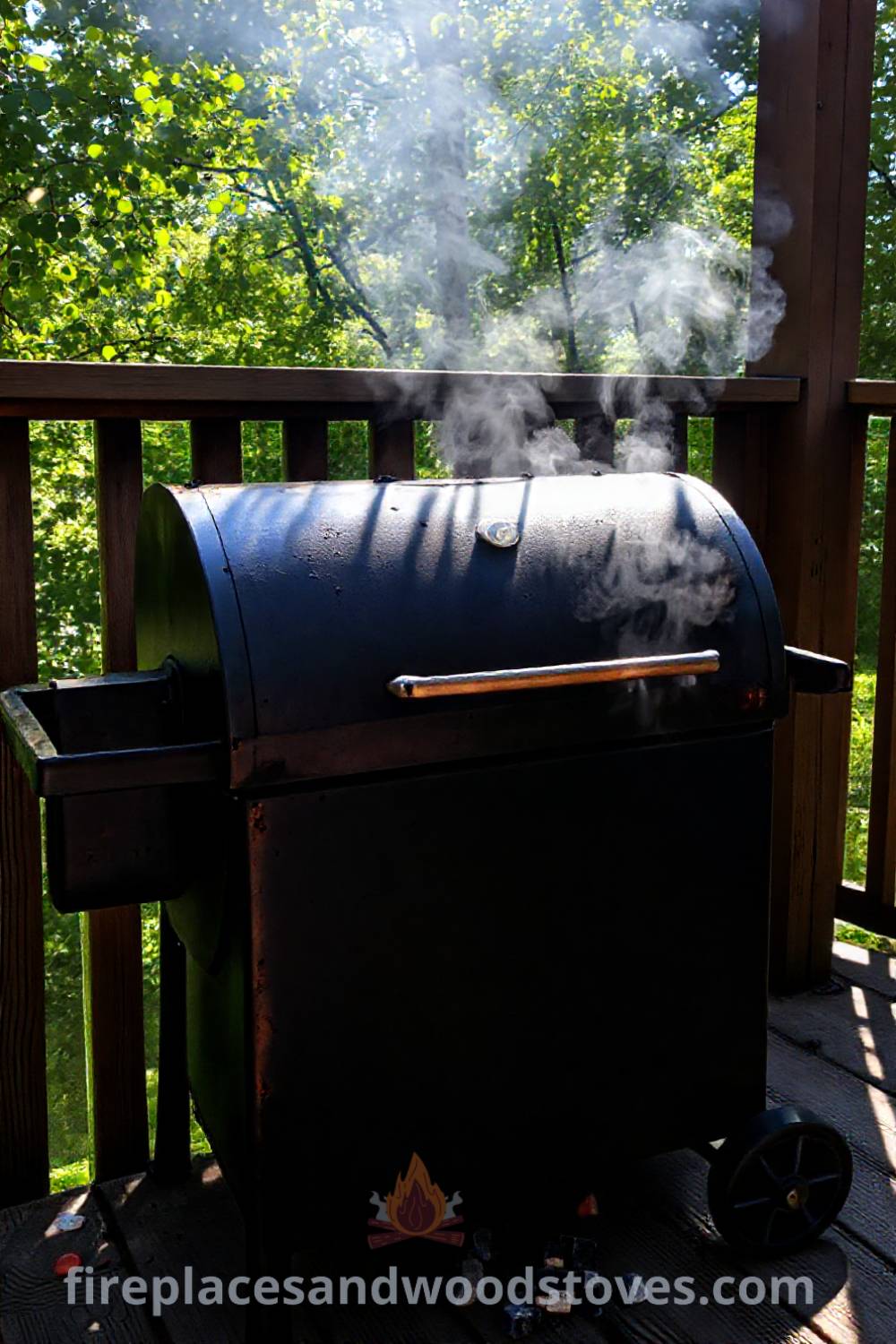 Sturdy barbecue smoker on a weathered wooden deck surrounded by trees, with delicious grilled vegetables, showing a cozy outdoor gathering space and the charm of smoke aroma in the air. Visit patioandhomefurniture.com for ideas that will wow your guests.