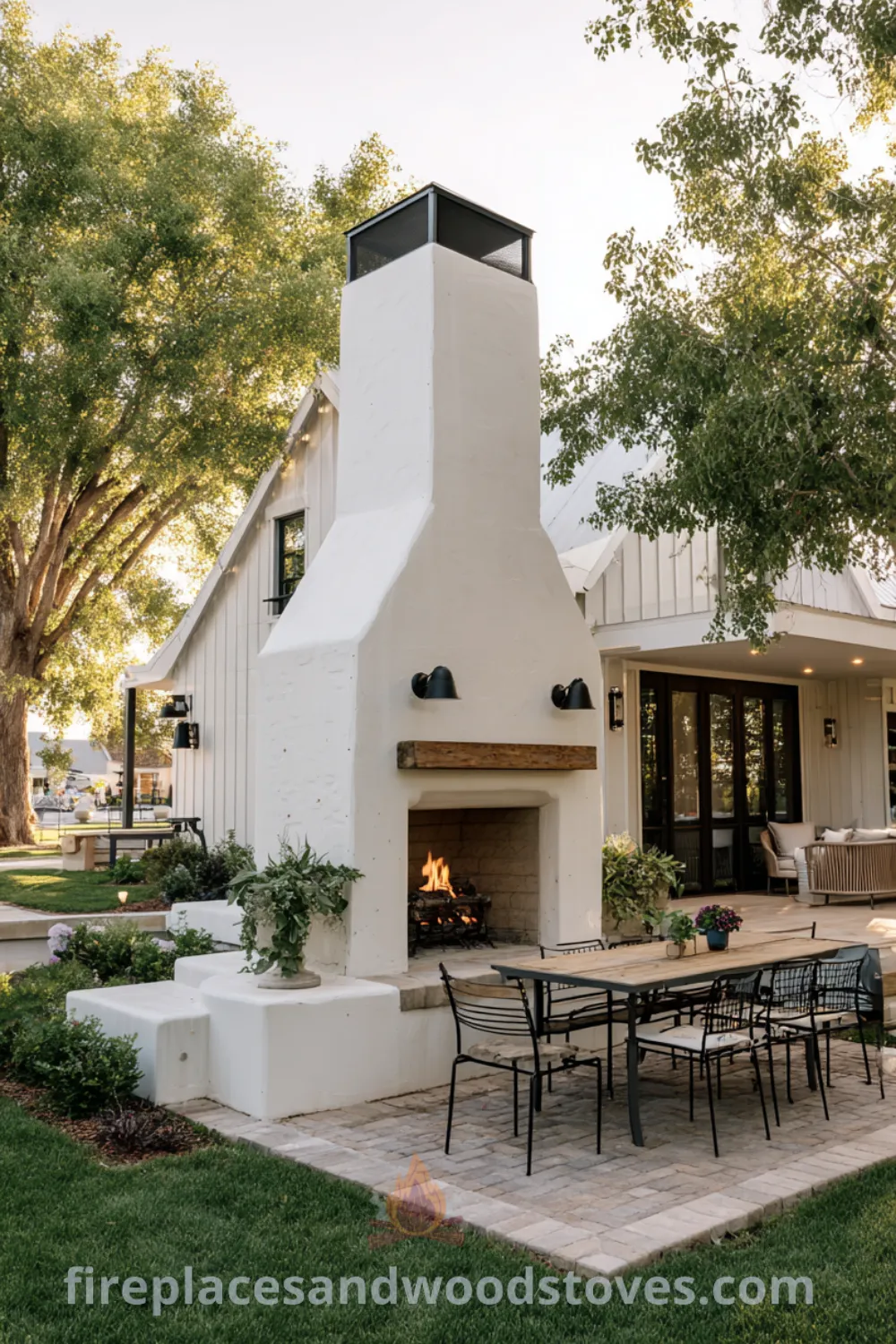 Modern farmhouse outdoor fireplace with shiplap accents, black metal details, lush greenery, and warm fire glow for cozy gatherings.