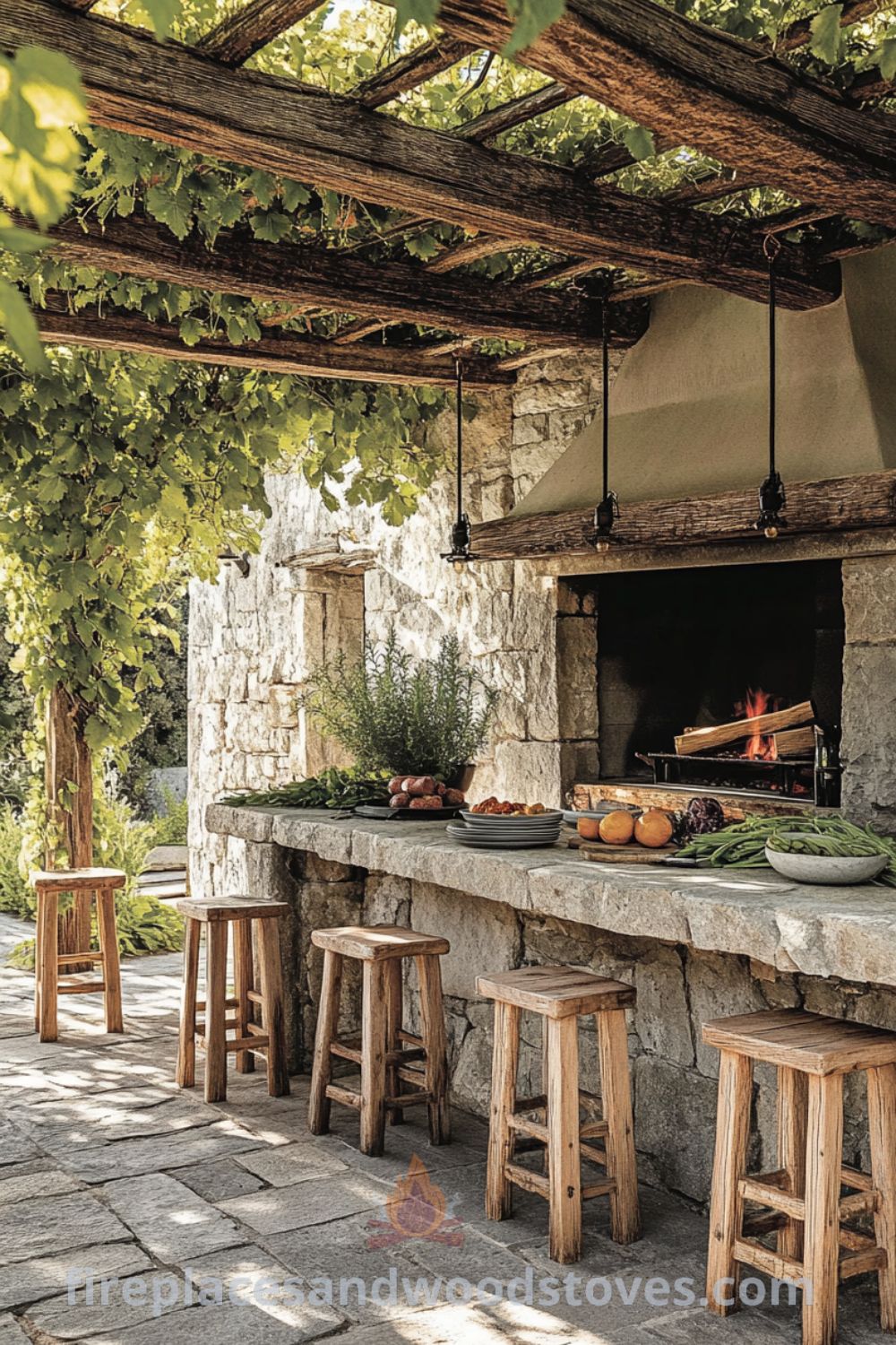 Cozy outdoor kitchen with rustic stone counters, a wood-burning fireplace, and a pergola covered in climbing vines, featuring mismatched plates and wooden stools, creating a welcoming atmosphere for gatherings, perfect decor ideas for your home at wellnesswink.com.