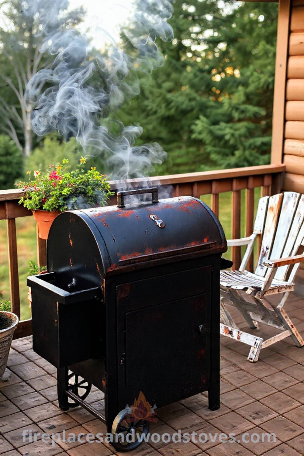 Sturdy barbecue smoker on a wooden deck, surrounded by potted plants and mismatched chairs, creating a cozy outdoor gathering space filled with laughter and the aroma of hickory smoke. Visit patioandhomefurniture.com for stylish ideas that will wow your guests.