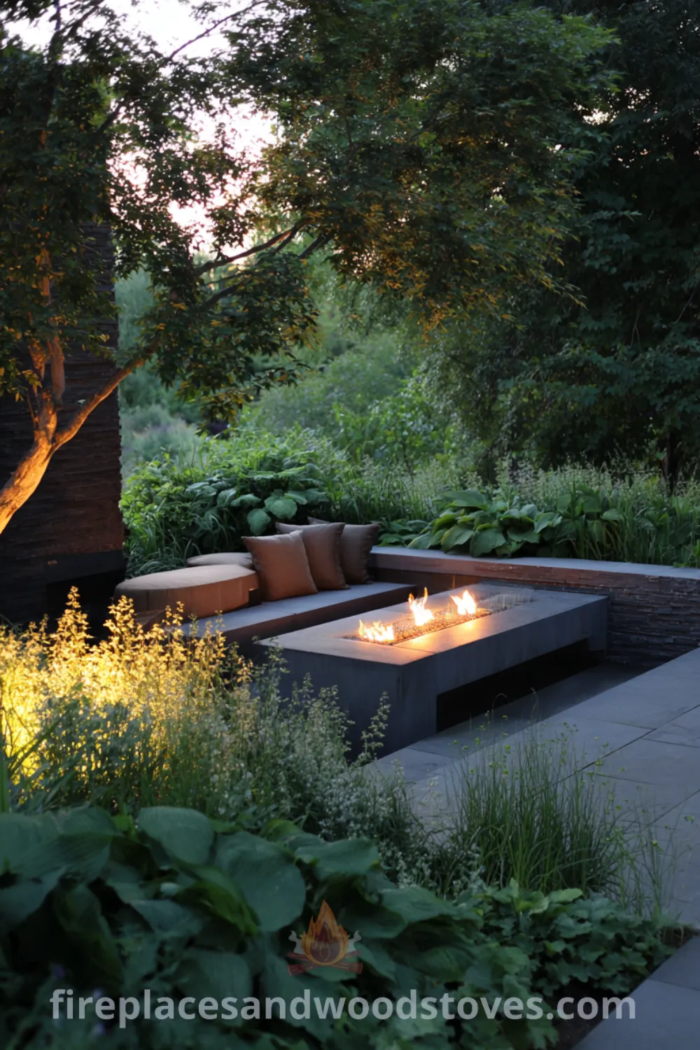 Basalt stone modern minimalist outdoor fireplace surrounded by lush greenery, creating a tranquil outdoor space with subtle downlighting and inviting glow.