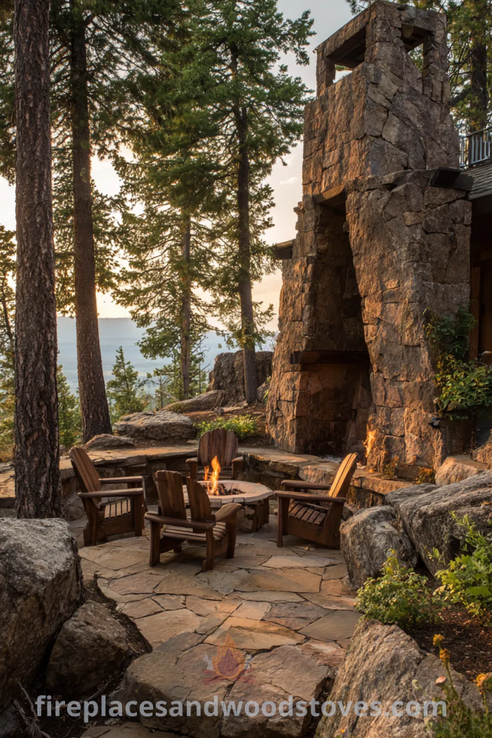 Cozy outdoor space featuring a rustic outdoor fireplace, natural rock seating, warm fire glow, and forest setting.