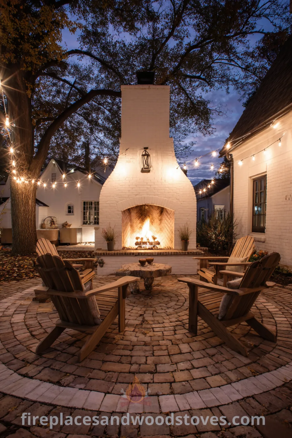 Cozy outdoor space featuring a white painted brick farmhouse fireplace, Adirondack chairs, and string lights for inviting gatherings.