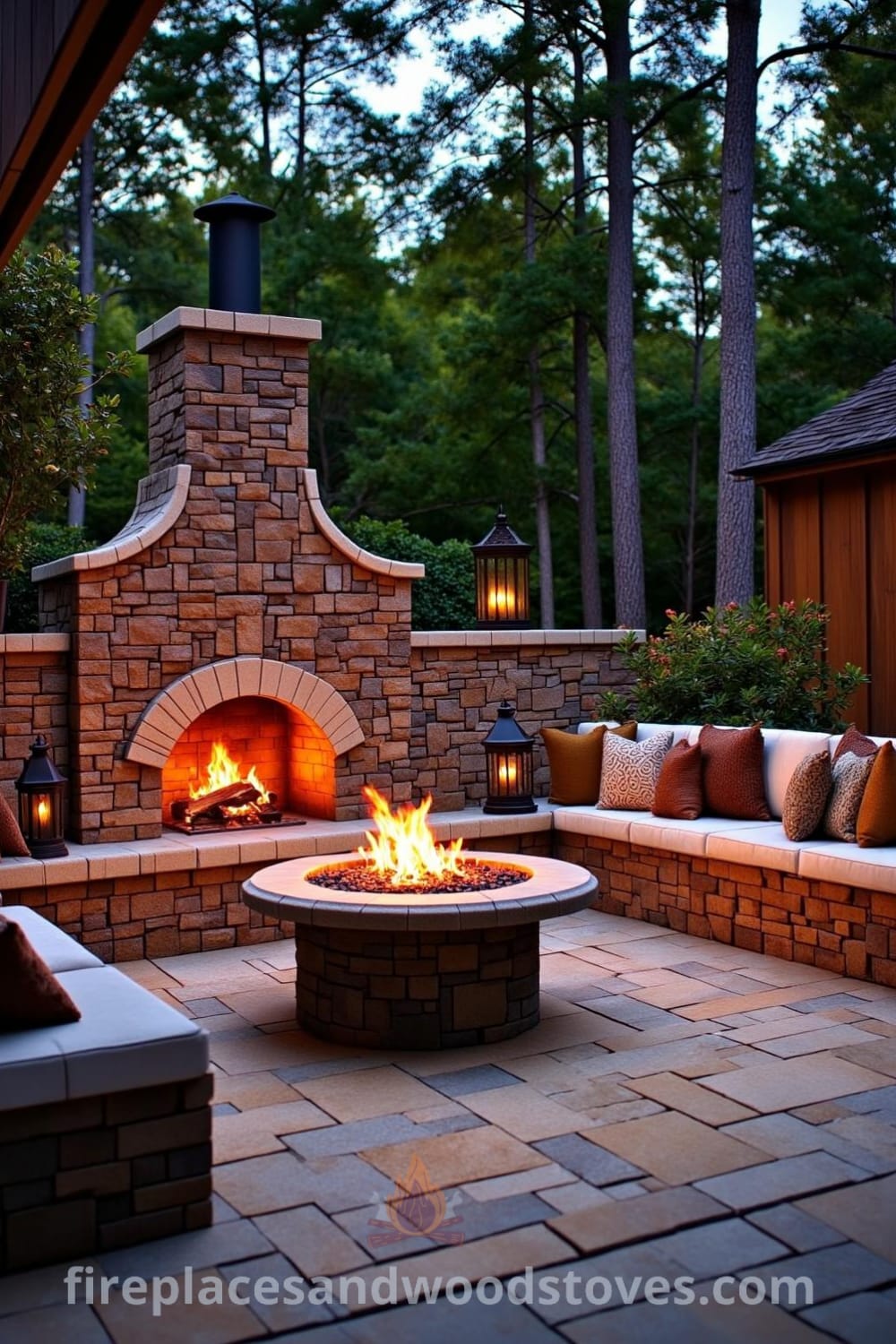 Sunken patio with a charming stone fireplace, built-in cushioned seating, and warm flickering flames illuminating textured stones, creating an inviting and cozy atmosphere for gatherings, featuring cozy ideas for your home at fireplacesandwoodstoves.com.