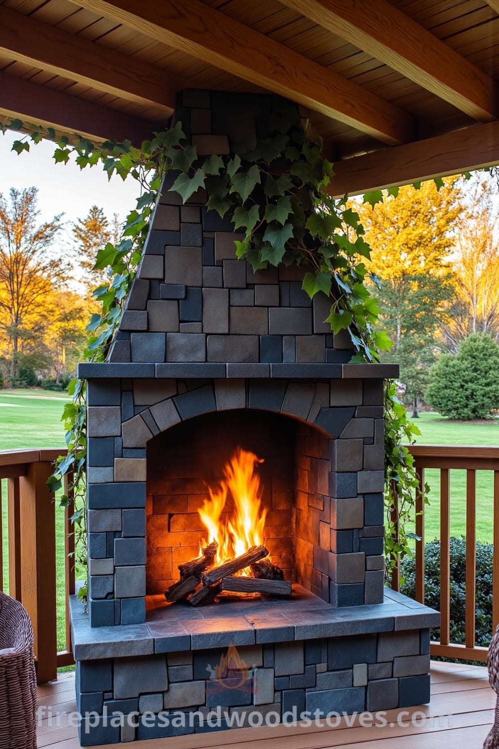 Cozy outdoor fireplace integrated within a pergola, surrounded by rustic timber beams and charred stones, complemented by swaying vines, creating a warm and inviting atmosphere perfect for gatherings. Visit fireplacesandwoodstoves.com for unique cozy ideas and inspiring designs for your home.