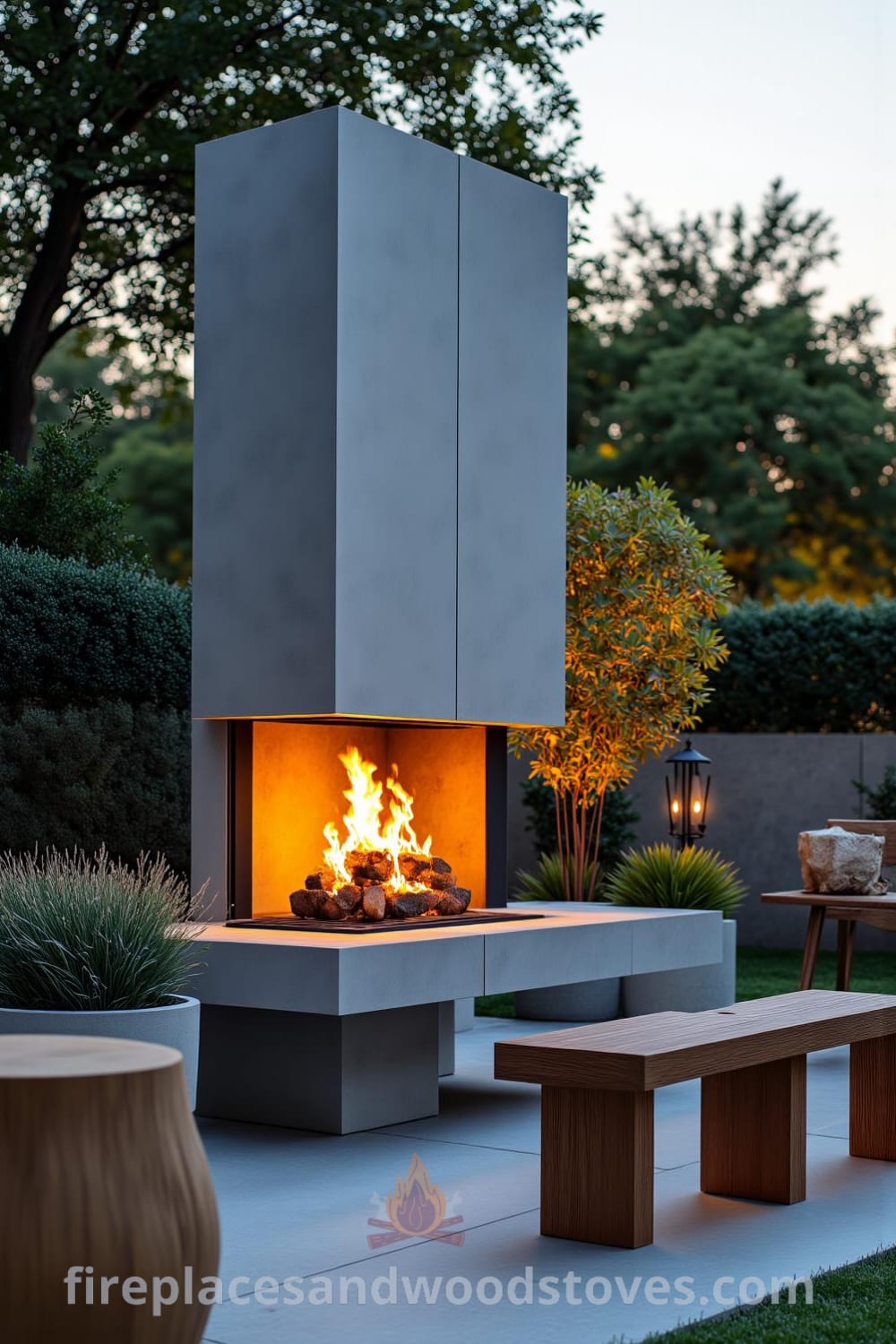 Minimalist concrete fireplace in a tranquil garden setting, featuring delicate flames illuminating surrounding plants, rustic wooden benches creating a cozy gathering space, with subtle soot marks hinting at inviting nights spent together, perfect for cozy home design ideas. Visit fireplacesandwoodstoves.com for more unique home inspirations.