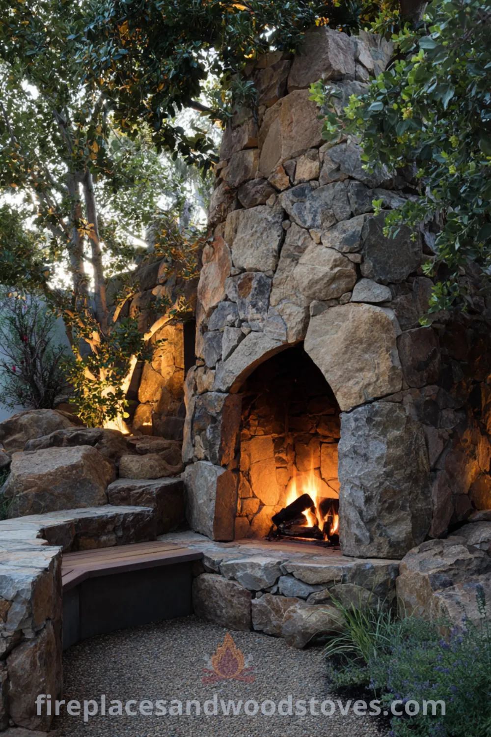 Corner outdoor fireplace crafted from natural stone, complemented by landscaping, with MCM outdoor fireplace corner features and low slung seating outdoor.