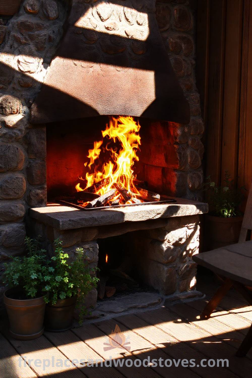 Rustic fireplace BBQ on a wooden deck, with flames flickering and surrounding furniture warmly glowing, creating a cozy atmosphere ideal for summer gatherings. Visit patioandhomefurniture.com for incredible outdoor design ideas that will wow your guests.