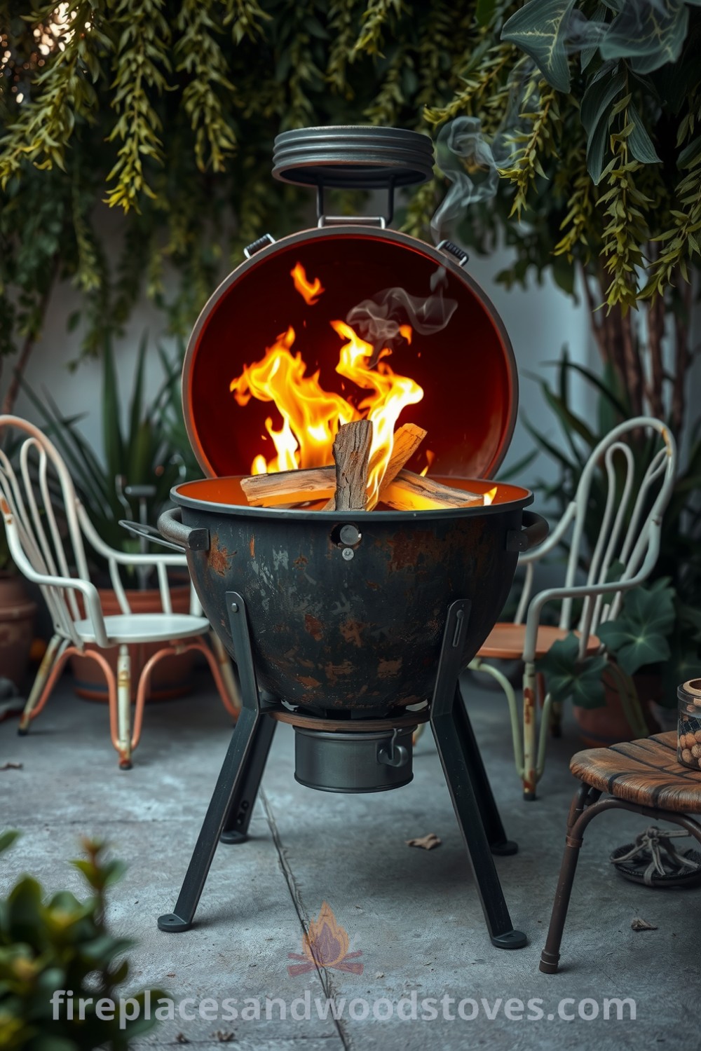 Weathered steel outdoor barbecue on concrete patio surrounded by lush green plants, mismatched chairs inviting friends, and crackling fire creating a cozy glow in the evening sky, showcasing unique decor ideas for your home on fireplacesandwoodstoves.com.
