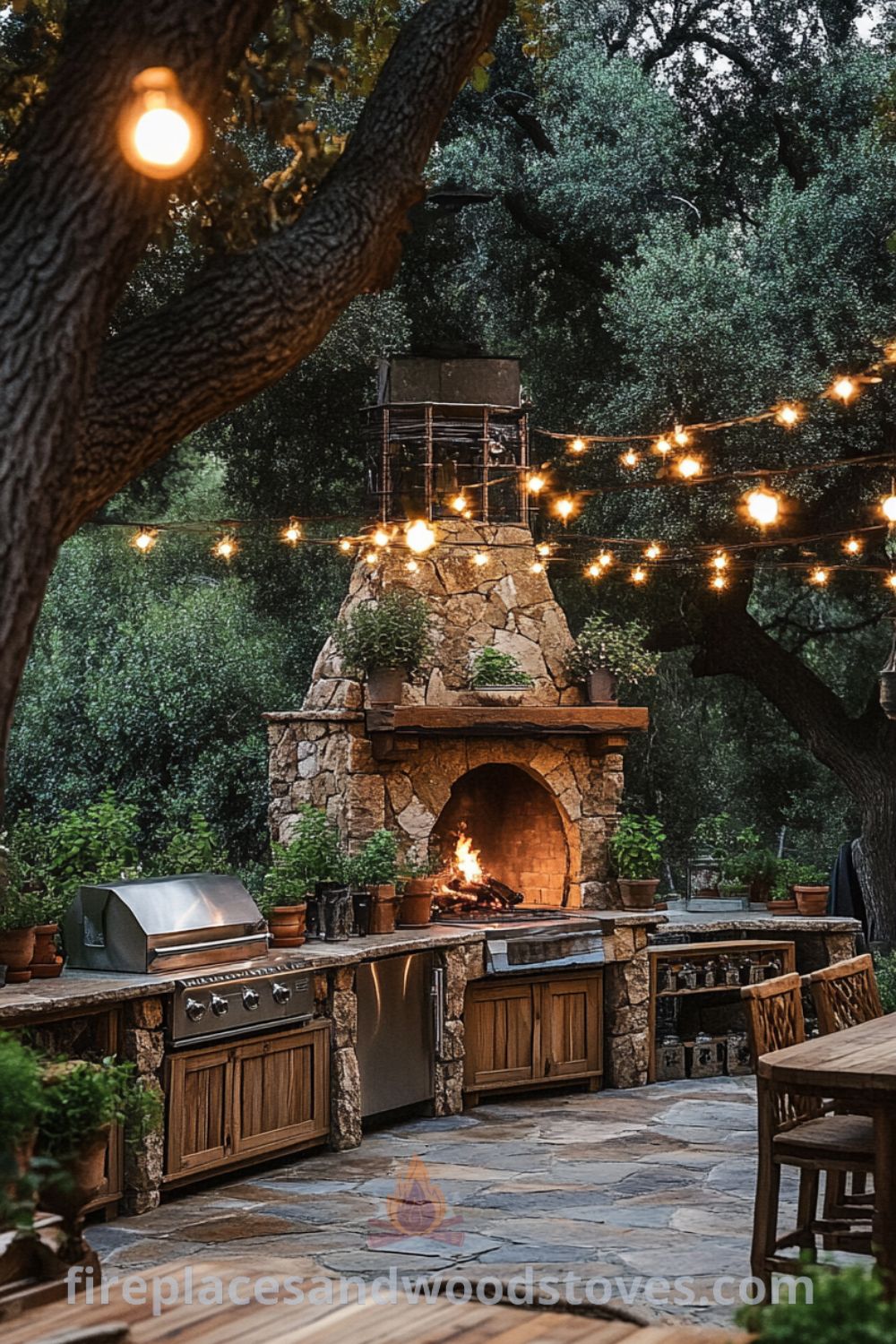Outdoor kitchen with wood-burning fireplace on fireplacesandwoodstoves.com, showcasing cozy design ideas, unique decor inspirations, and a welcoming atmosphere for outdoor meals.