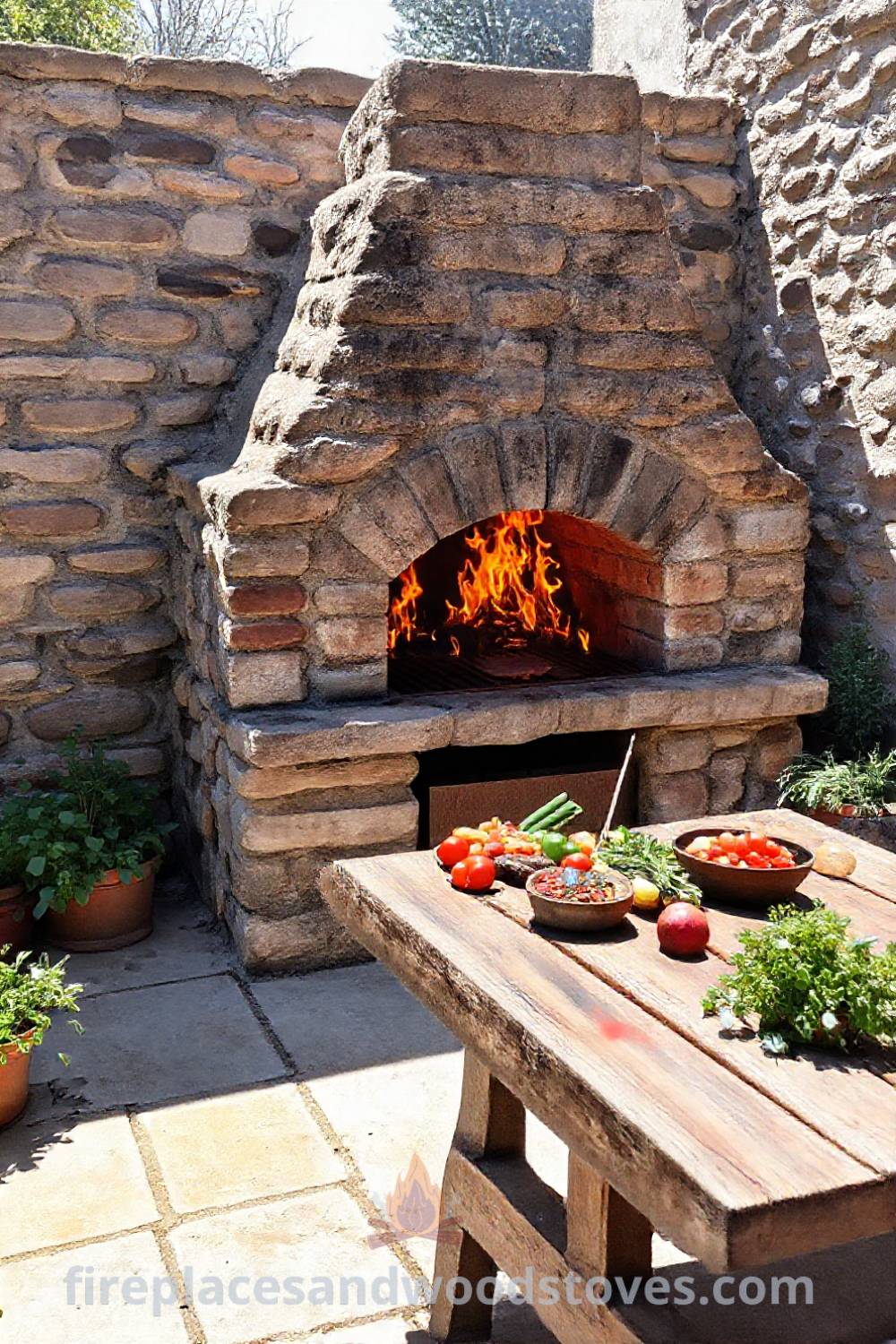 Rustic stone BBQ oven on a sunlit patio surrounded by potted herbs and a wooden table with fresh vegetables. A cozy outdoor gathering space ideal for memorable cookouts. Visit patioandhomefurniture.com for stylish outdoor design inspiration.
