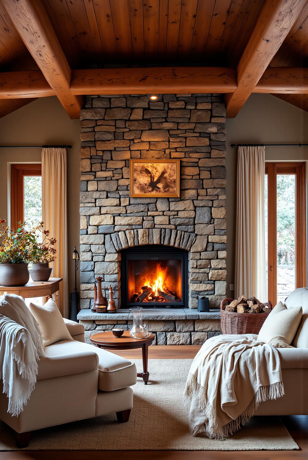 Stone fireplace in a cozy living room with rough-hewn bricks, a lively fire casting warm light across wooden beams, inviting armchairs with blankets, and a wicker basket filled with logs, showcasing inspiring decor ideas for your home and creating a warm atmosphere perfect for relaxation. Visit fireplacesandwoodstoves.com for more cozy design ideas.
