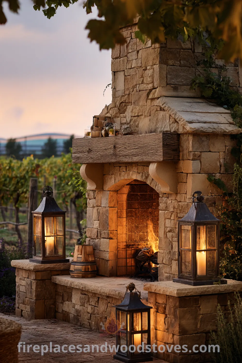 Charming outdoor fireplace surrounded by grapevines with reclaimed wood mantel and classic outdoor lanterns, creating a cozy outdoor space farmhouse.