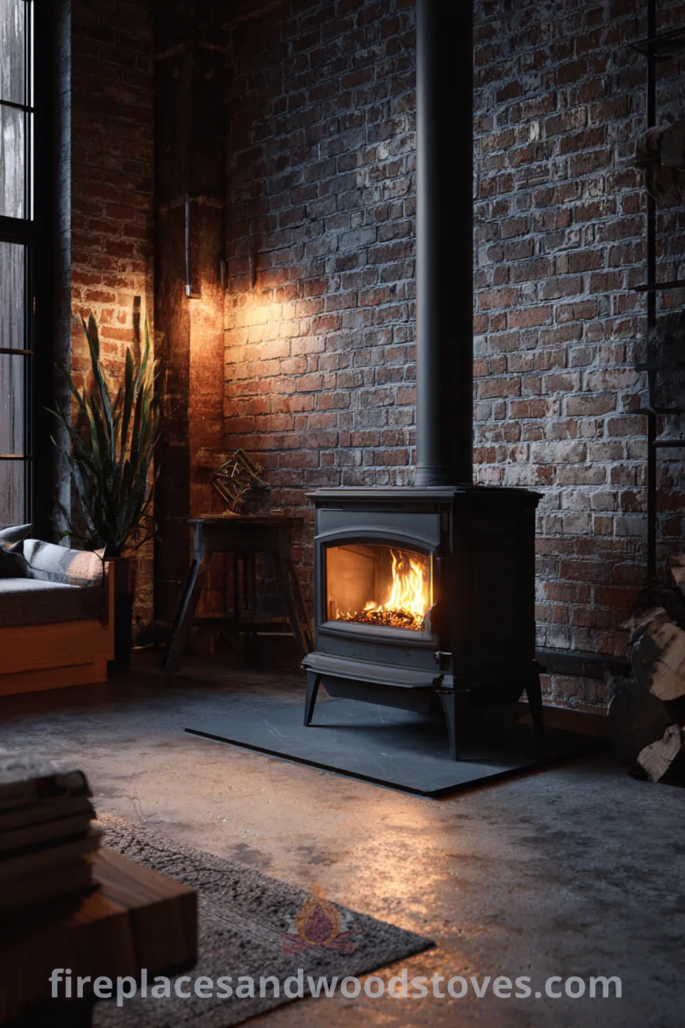 Freestanding cast iron wood stove in an urban retreat with industrial scandinavian fireplace, raw concrete hearth, and cozy warmth modern aesthetics.