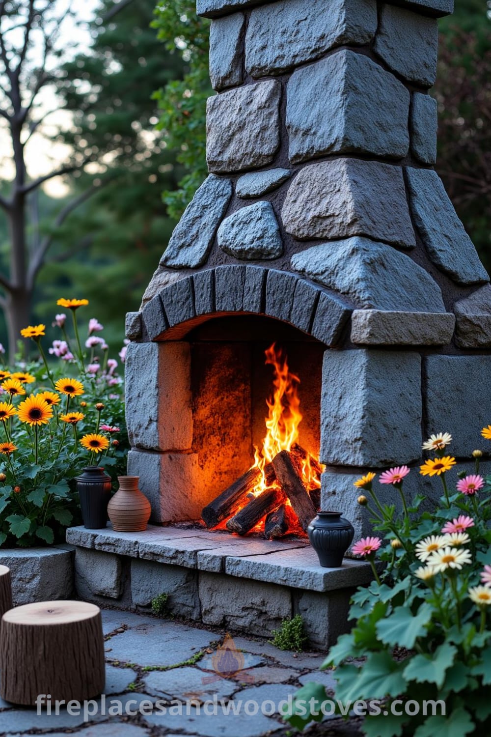 Rustic stone outdoor fireplace surrounded by wildflowers in a windswept garden, featuring inviting flames and log stools for seating, evoking cozy ideas and decor inspirations, perfect for unforgettable evenings under the stars. Visit fireplacesandwoodstoves.com for unique ideas for your home.