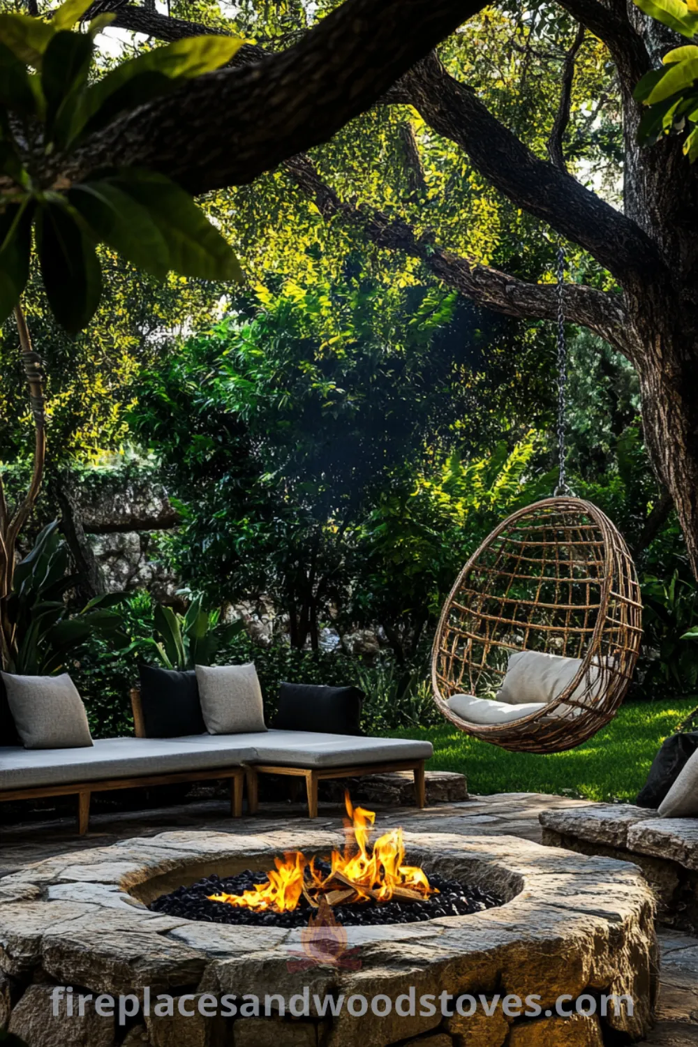 Inviting backyard fire pit area with seating and a pergola featured on fireplacesandwoodstoves.com, showcasing creative fire pit ideas, outdoor seating area, and cozy backyard inspirations for outdoor living.