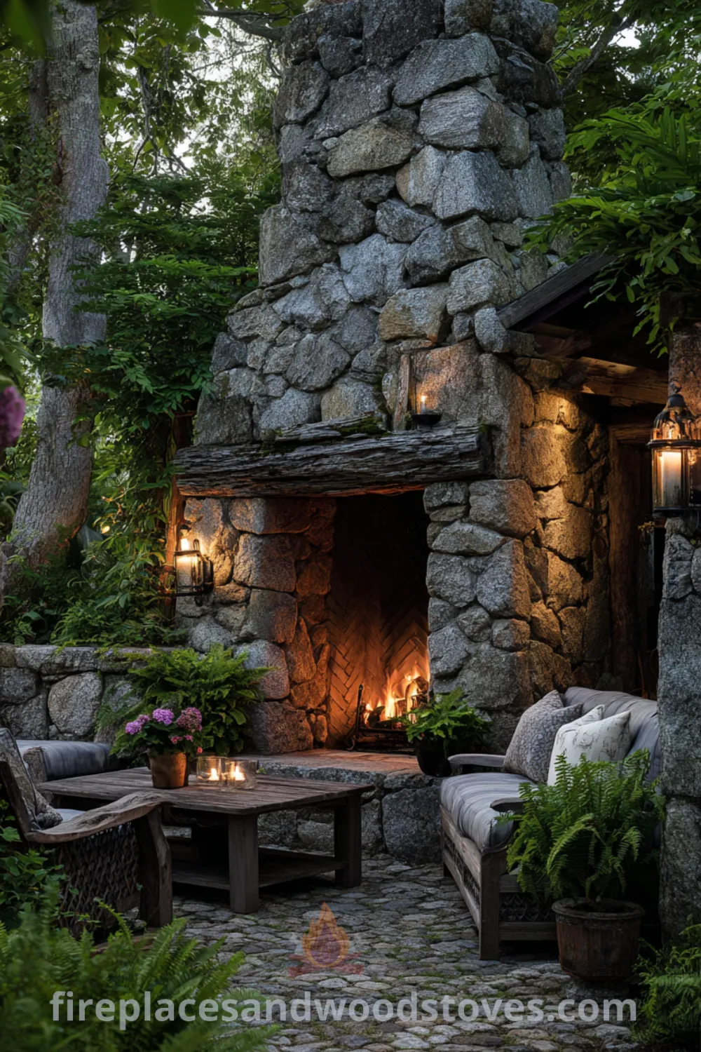Rustic stone fireplace surrounded by greenery and cobblestones, showcasing tuscan outdoor fireplace, charming mediterranean fireplace, and cozy outdoor evenings.