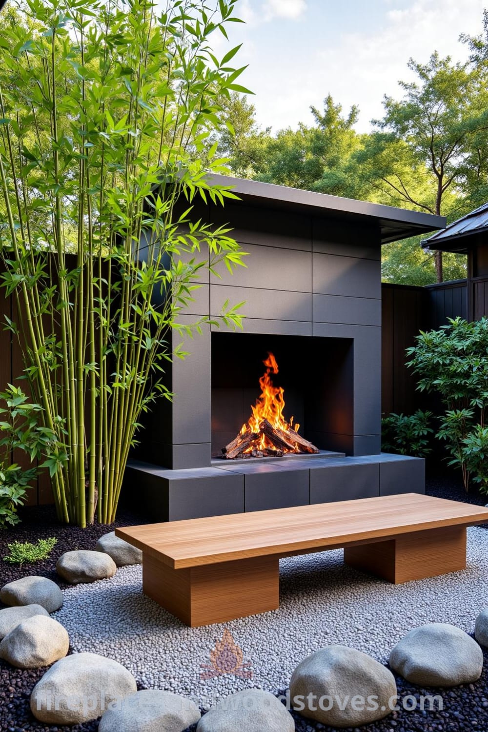 Japanese Zen outside fireplace nestled in a tranquil garden with gravel and smooth stones, warm flickering flames, inviting wood seating, and lush greenery, providing cozy ideas and decor inspirations for creating a peaceful home environment. Visit fireplacesandwoodstoves.com.