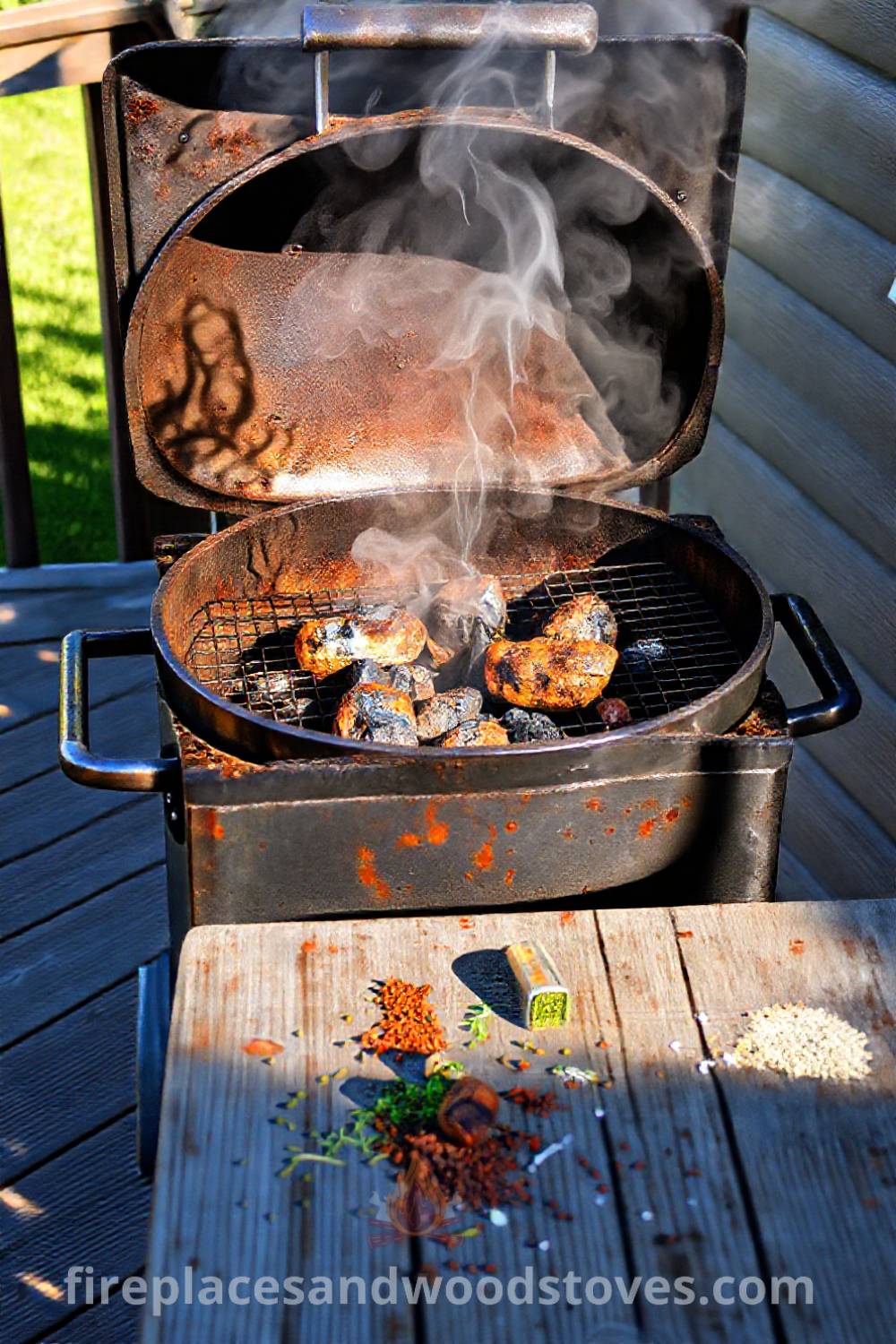 A robust metallic barbecue smoker on a wooden deck, surrounded by herbs and spices, with wisps of smoke rising in a warm afternoon sun, creating a cozy atmosphere for outdoor gatherings. Visit patioandhomefurniture.com for stylish ideas that will wow your guests.