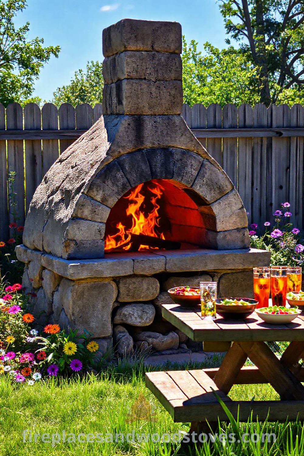 Sturdy stone BBQ oven in a sun-drenched backyard surrounded by colorful flowers and lush grass, with picnic tables set for family gatherings, providing cozy outdoor dining inspiration. Visit patioandhomefurniture.com for incredible ideas that will wow your guests.
