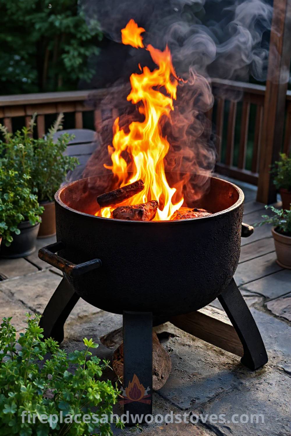 Sturdy wood-fired barbecue on a stone patio, with flames casting a warm glow on eager diners, potted herbs, and a cozy ambiance for summer gatherings. Visit patioandhomefurniture.com for stylish outdoor designs transforming your backyard into the coziest home.