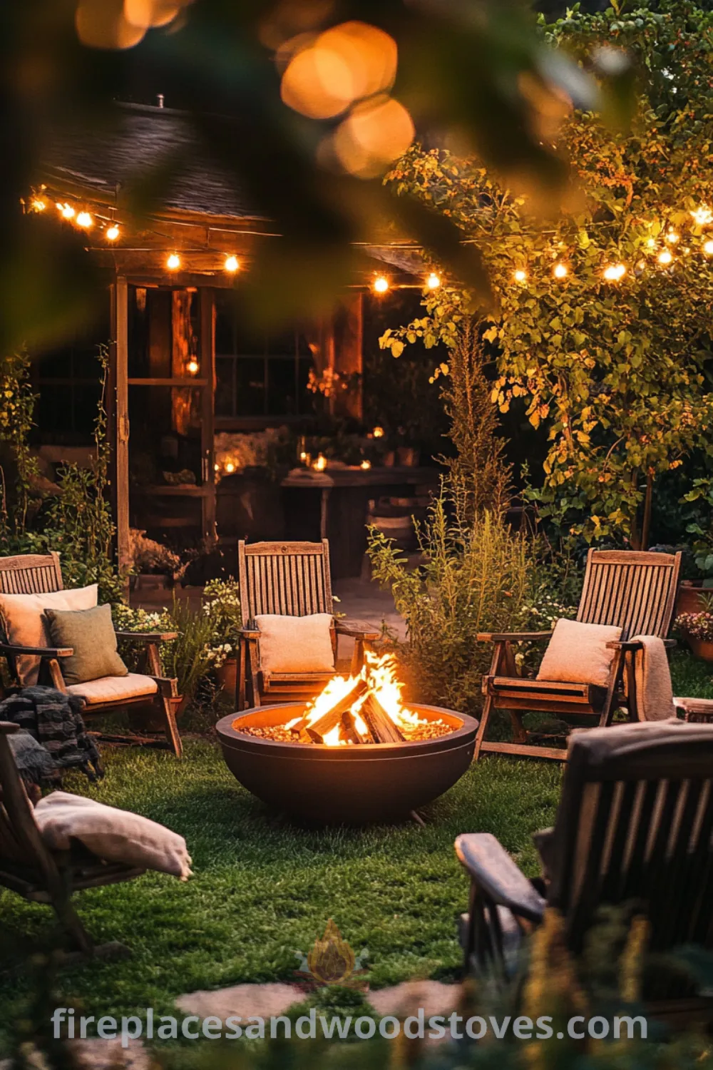 Outdoor fire pit area with cozy seating on fireplacesandwoodstoves.com, featuring a fire pit table, inviting outdoor lounge, and inspiring backyard ideas for delightful evenings.