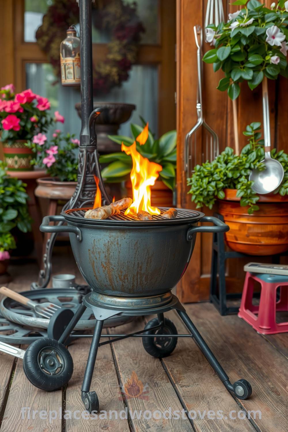 A cozy barbecue grill on a weathered wooden deck surrounded by vibrant potted plants, with flickering flames illuminating the scene, creating inviting decor ideas for a summer cookout. Perfect for adding warmth and charm to your outdoor space, as featured on fireplacesandwoodstoves.com.