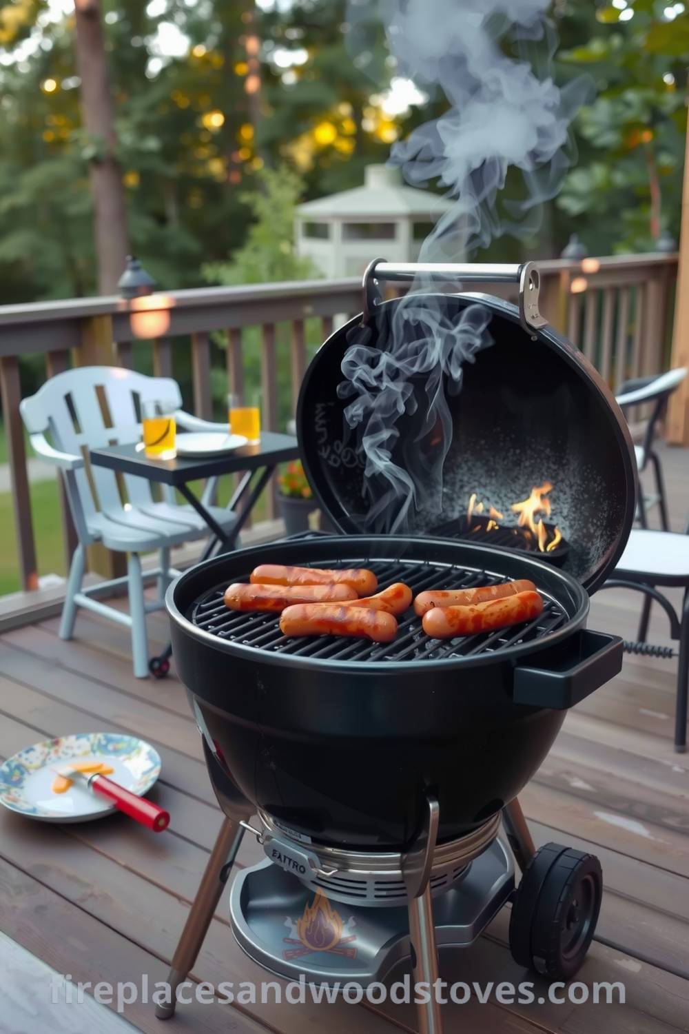 Charcoal barbecue on a wooden deck with charred sausages grilling, surrounded by mismatched chairs and empty plates, creating a cozy atmosphere for a gathering. Perfect for design ideas and decor inspirations, visit fireplacesandwoodstoves.com.