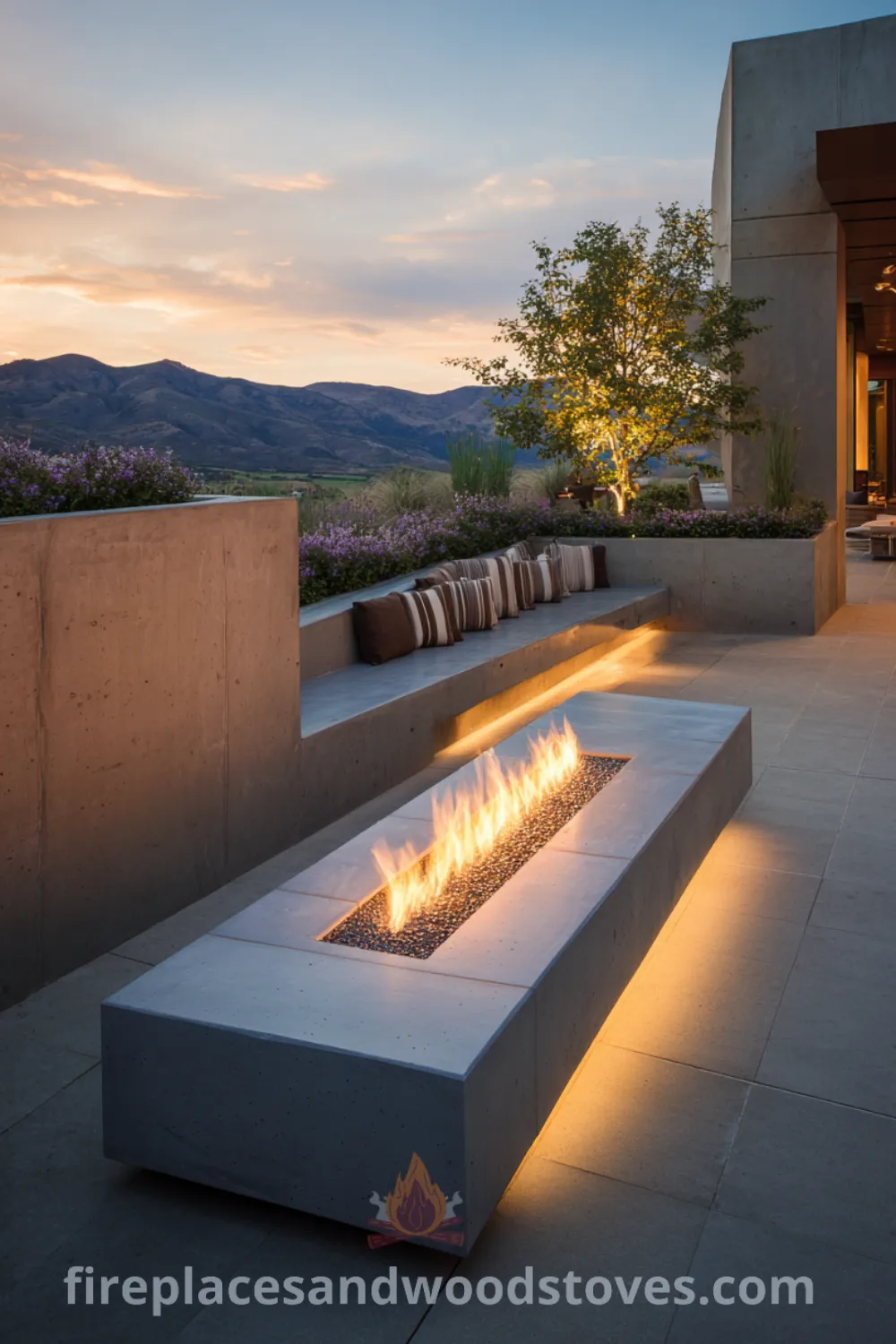 Sleek outdoor living space featuring a modern fire pit, built-in seating concrete, and warm fire glow ambiance.