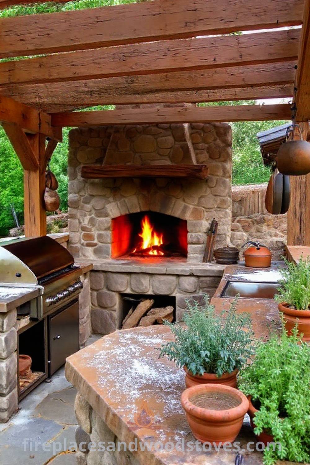 Rustic outdoor kitchen featuring a wood-burning fireplace made of rough-hewn stone, a pergola, charred grill top, and flourishing herbs in terracotta planters, creating a cozy and stylish environment perfect for culinary gatherings and an inviting backyard experience. Visit patioandhomefurniture.com for ideas you
