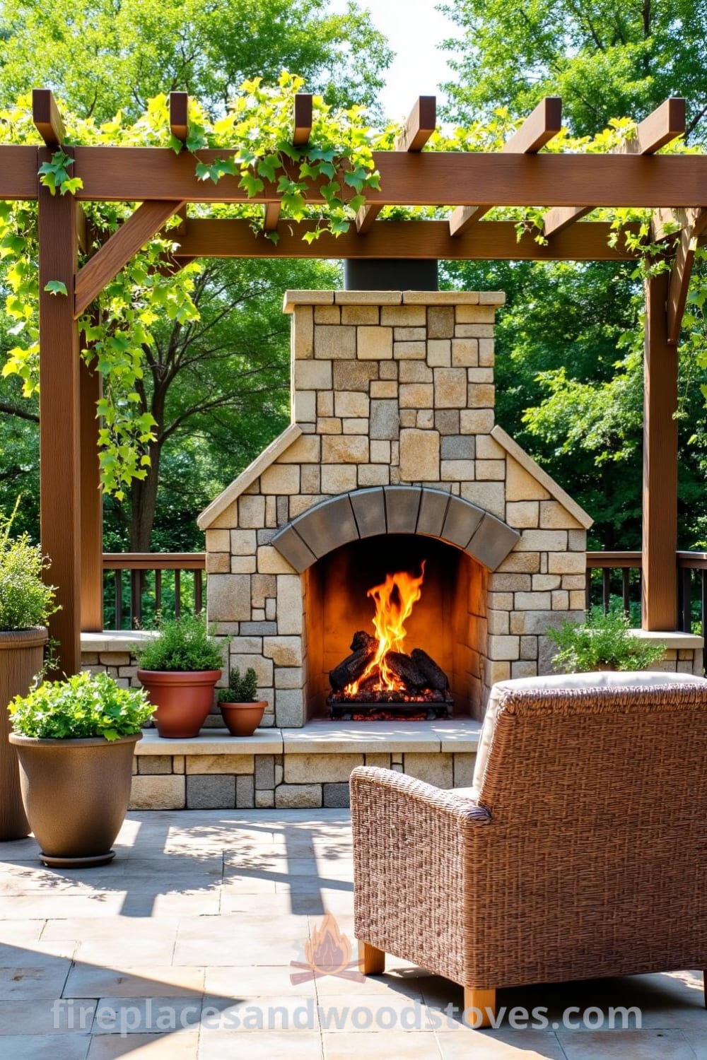 A cozy patio featuring a stone fireplace integrated with a pergola, surrounded by rustic furniture and potted plants, creating a warm and inviting atmosphere perfect for outdoor gatherings. For more cozy ideas, visit fireplacesandwoodstoves.com.