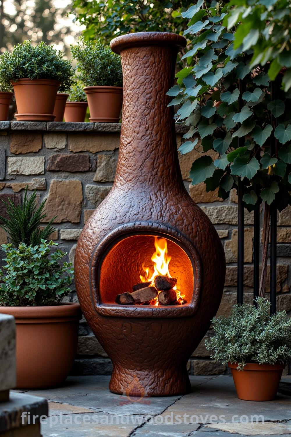 Chiminea-style outside fireplace on a stone patio, surrounded by potted plants and wooden furniture, providing cozy ideas for outdoor gatherings, with a warm glow from the flames creating an inviting atmosphere for friends and family, featured on fireplacesandwoodstoves.com.