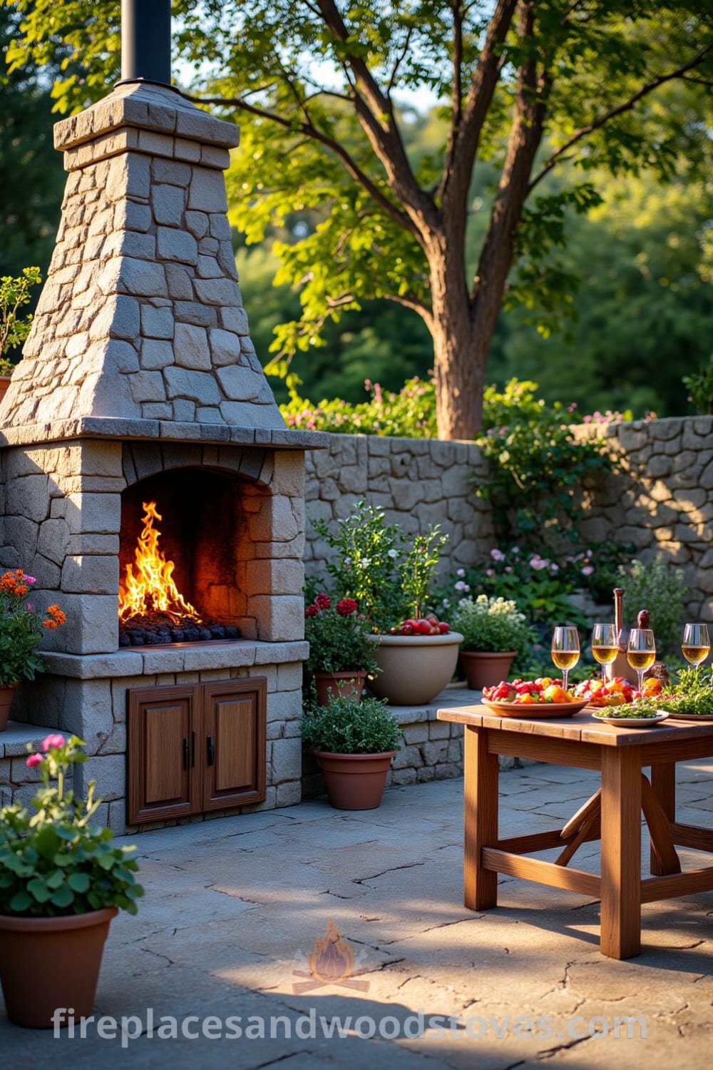 Rustic stone outdoor barbecue on a sunlit patio, surrounded by a vibrant garden, with grilled vegetables on a sturdy wooden table, creating a cozy atmosphere for gatherings under the stars. Visit fireplacesandwoodstoves.com for cozy ideas and decor inspirations for your home.