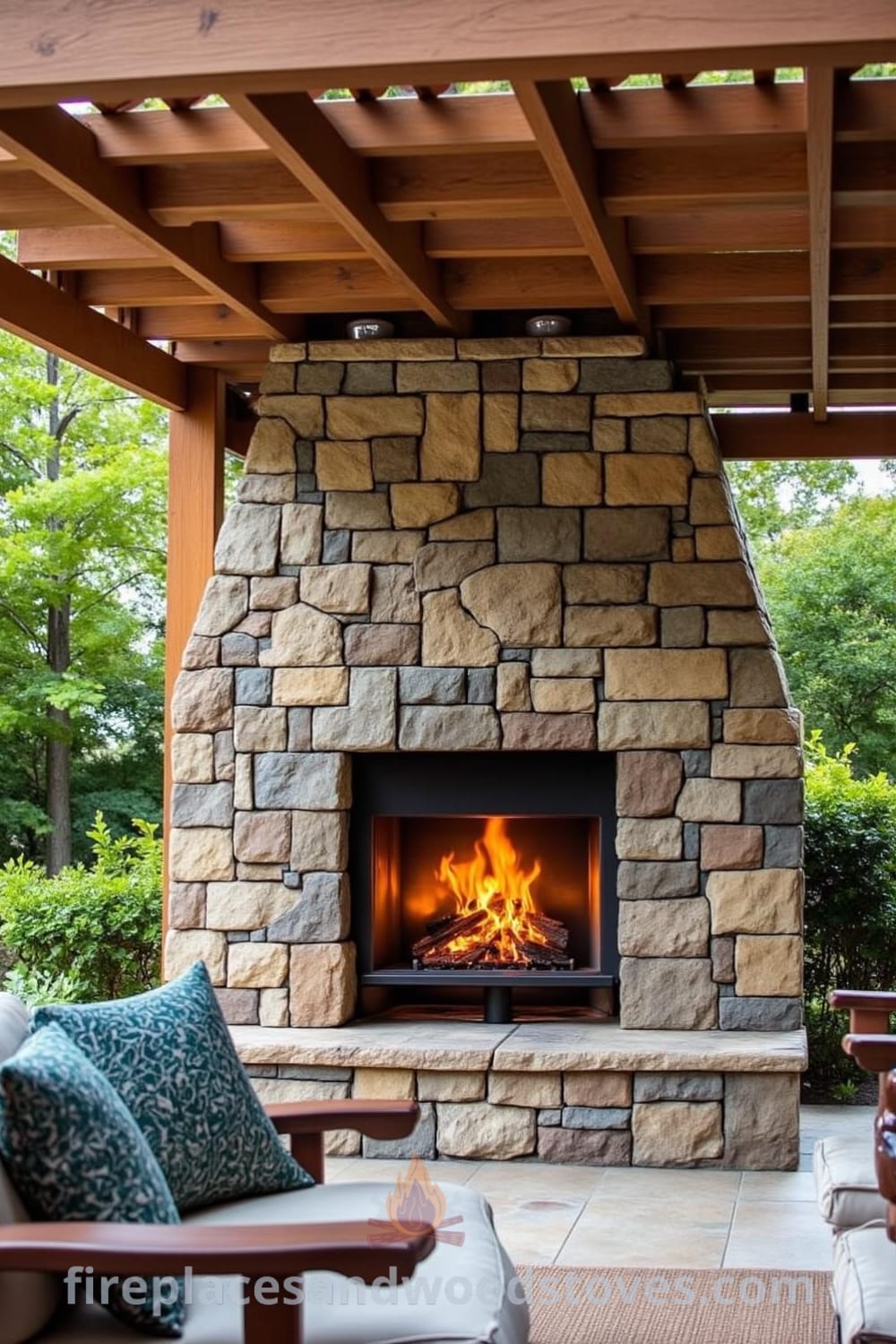 Outdoor fireplace with a pergola in a rustic setting, surrounded by lush greenery and comfortable furniture, showcasing warm flames that create a cozy and inviting atmosphere for gatherings, featuring cozy ideas and inspirations for your home at fireplacesandwoodstoves.com.