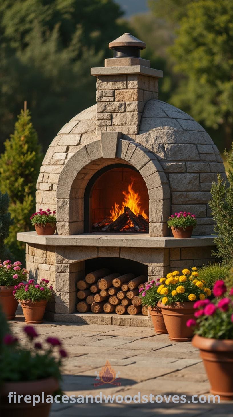 A traditional outdoor pizza oven made of stone and concrete, featuring a chimney, arched entrance, and a glowing fire inside, surrounded by potted plants with colorful flowers.