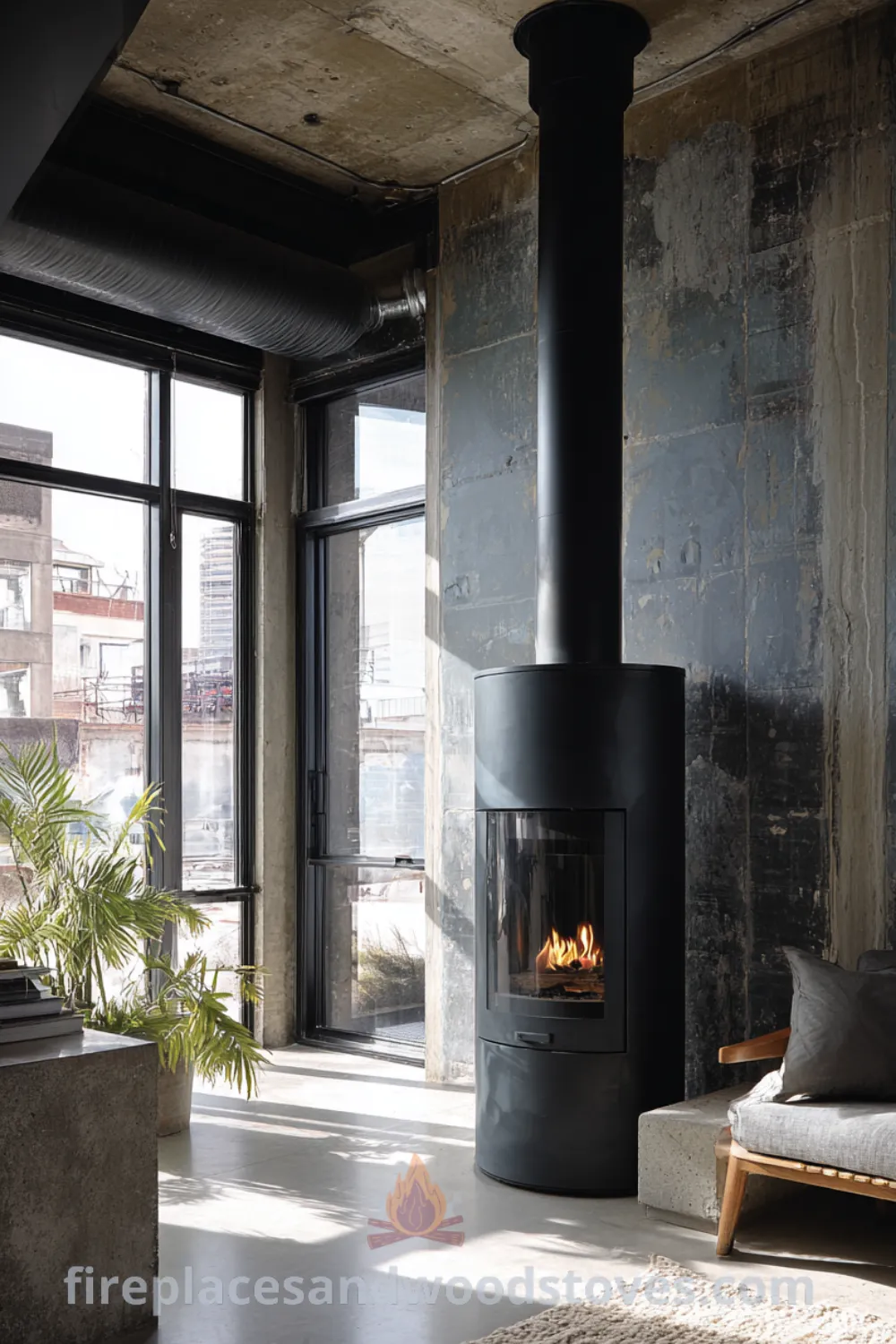 Minimalist urban living room featuring a tall narrow black steel fireplace, polished concrete floors, and textured rugs contrasting the sleek industrial Scandinavian fireplace decor.