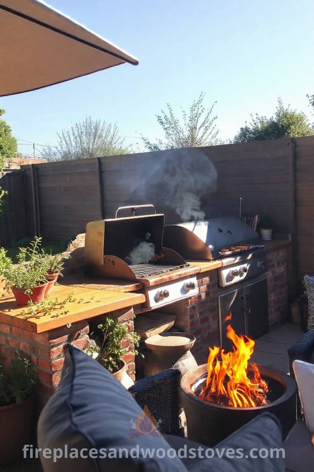 Outdoor kitchen nestled in a garden, featuring weathered brick, a wooden countertop, grilling marinated vegetables, and flourishing herb pots, creating a cozy gathering spot for families. Visit patioandhomefurniture.com for stylish outdoor design inspiration.
