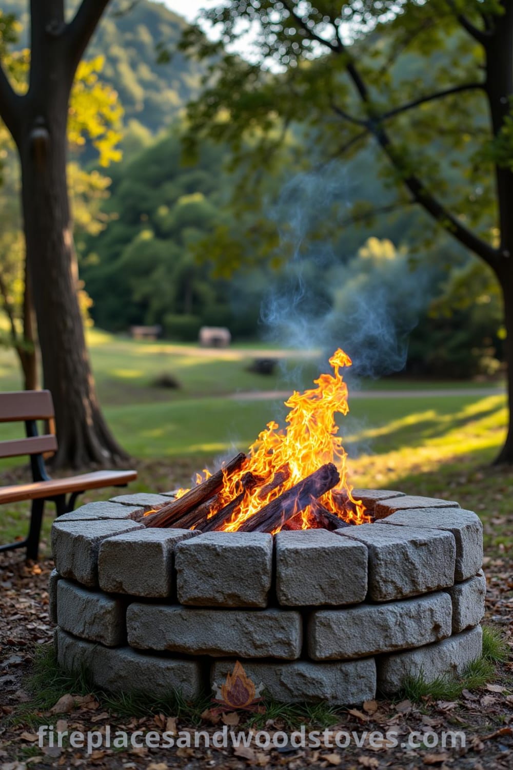 Cozy nomadic firepit in a sun-dappled clearing with flickering flames and rustic wooden benches, inviting gatherings, ideal for creating memories, showcased on fireplacesandwoodstoves.com.