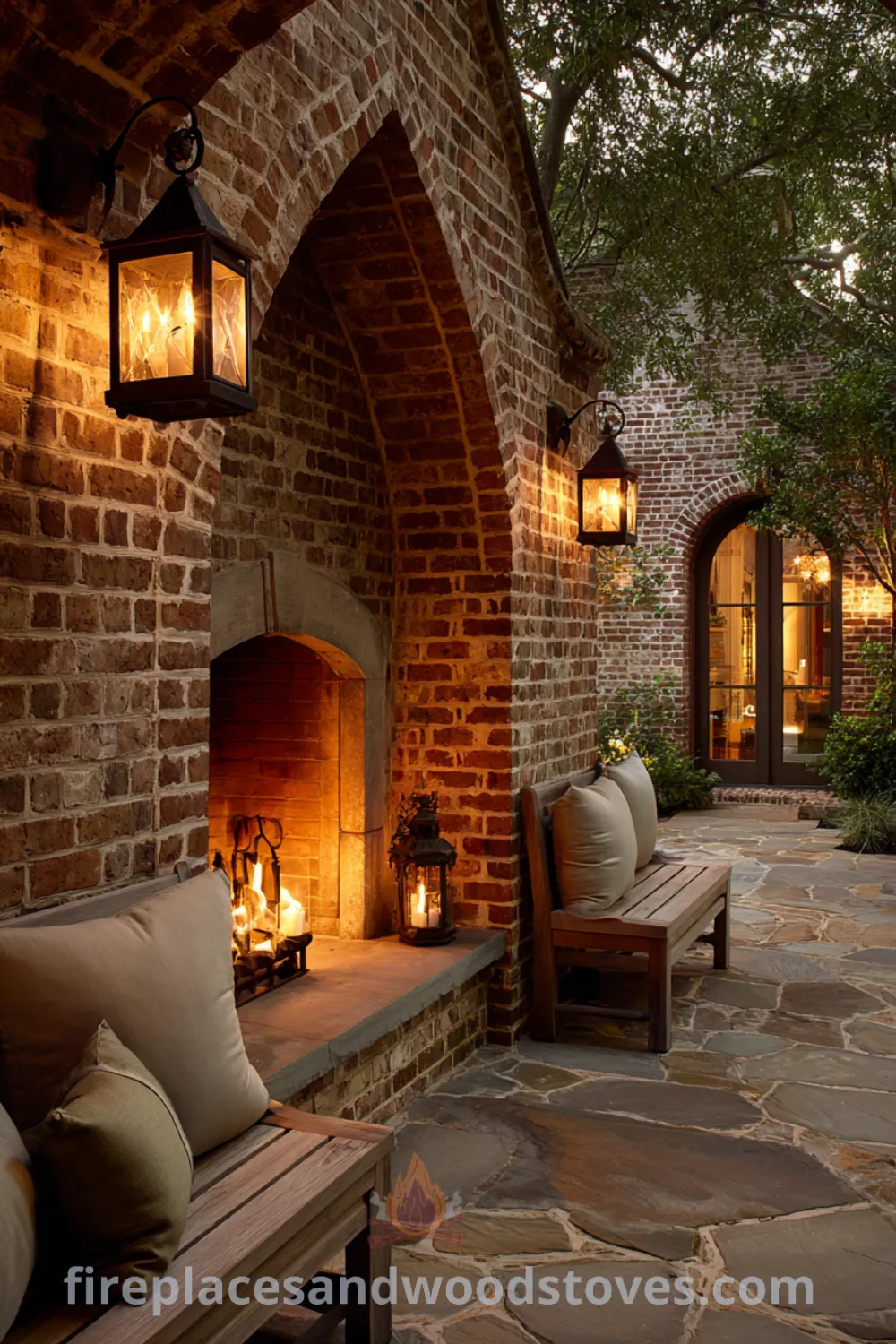 Spacious patio with farmhouse outdoor fireplace, classic outdoor lanterns, and integrated wooden benches for a cozy gathering area.