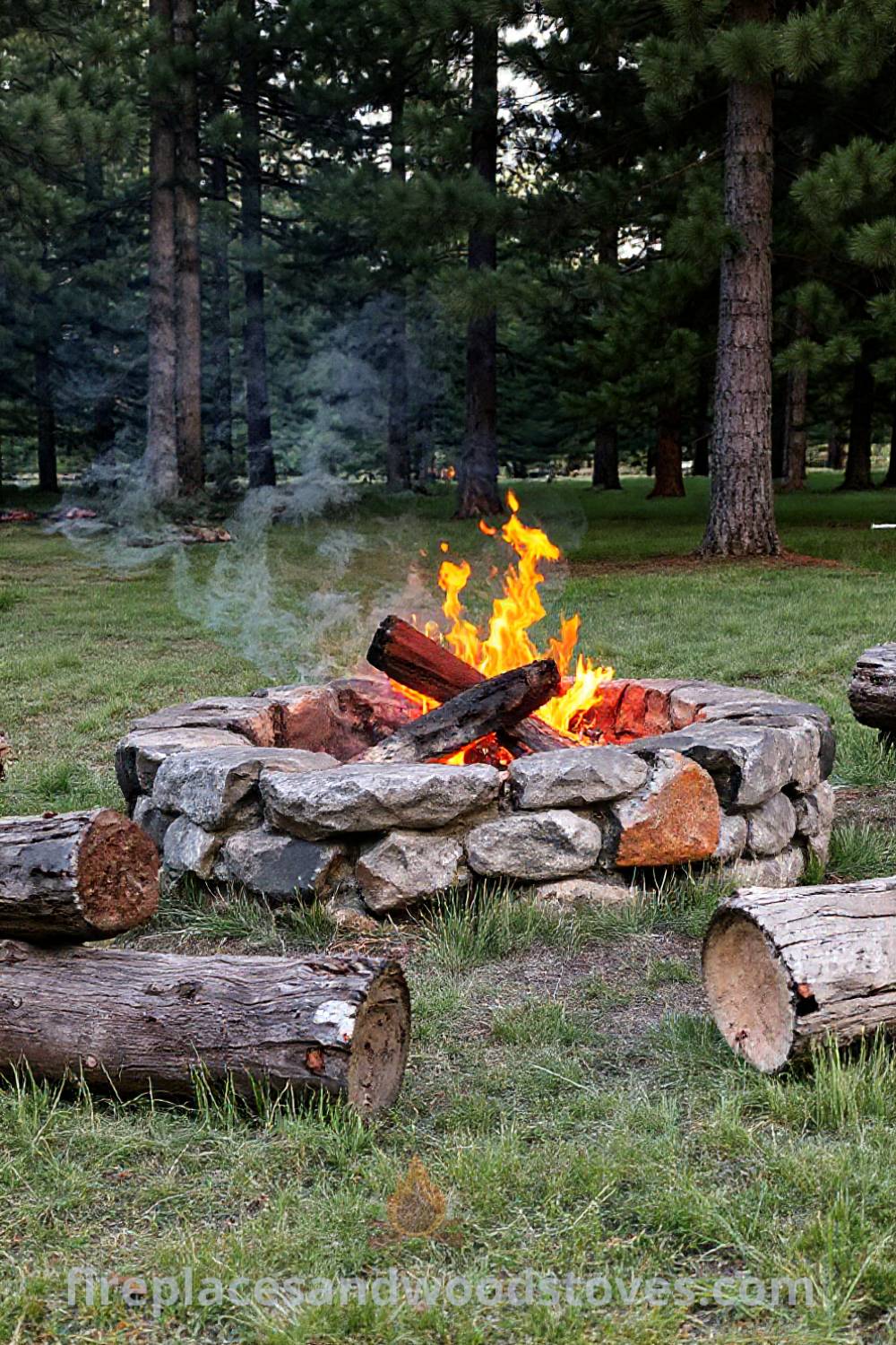 Stone fire pit in a grassy clearing surrounded by pine trees, with rustic log seating, creating a cozy outdoor gathering space that