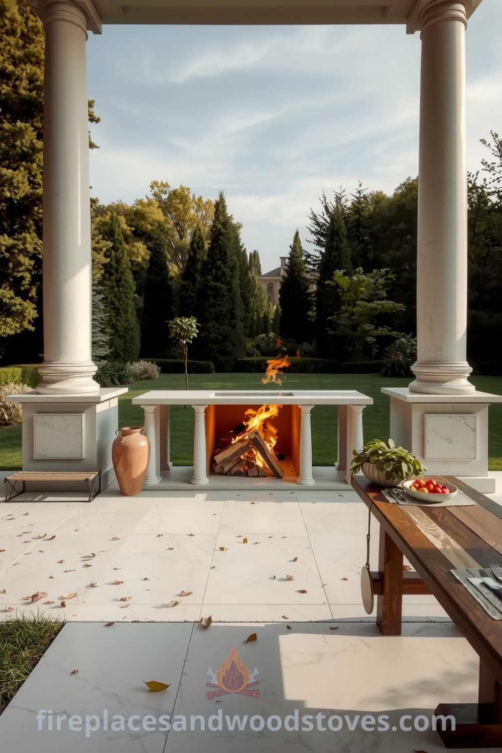 Neoclassical marble outdoor barbecue surrounded by grand columns in a lush garden, featuring a warm crackling fire, fallen leaves on the ground, and a rustic wooden table filled with seasonal fare, showcasing cozy ideas for your home. Visit fireplacesandwoodstoves.com for more inspiring design ideas.