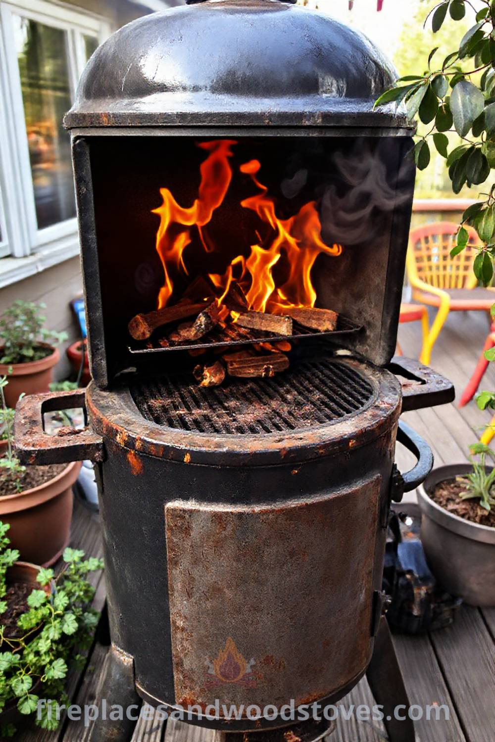 A rugged barbecue smoker on a weathered wooden deck, surrounded by potted herbs and colorful patio furniture, creating a cozy outdoor atmosphere for cooking and relaxation. Visit patioandhomefurniture.com for incredible ideas that will wow your guests.