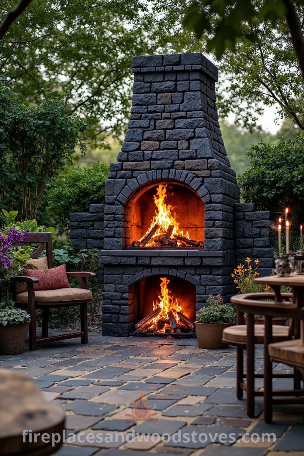 Gothic stone outdoor barbecue on a flagstone patio surrounded by lush greenery, featuring flickering flames and rustic wooden furniture, creating a cozy and inviting atmosphere perfect for outdoor gatherings. Visit fireplacesandwoodstoves.com for inspiring design ideas.