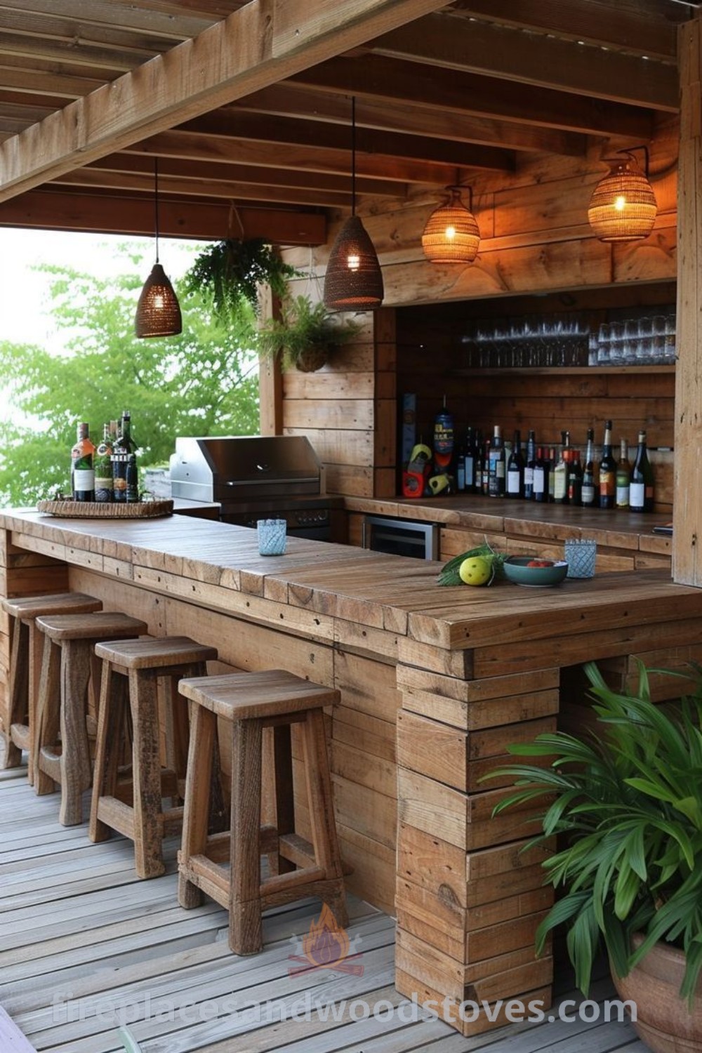 An outdoor bar with stools, bottles, and rustic design elements, ideal for backyard entertaining and enhancing your outdoor kitchen layout. Discover stylish ideas for your patio and home furniture at patioandhomefurniture.com.