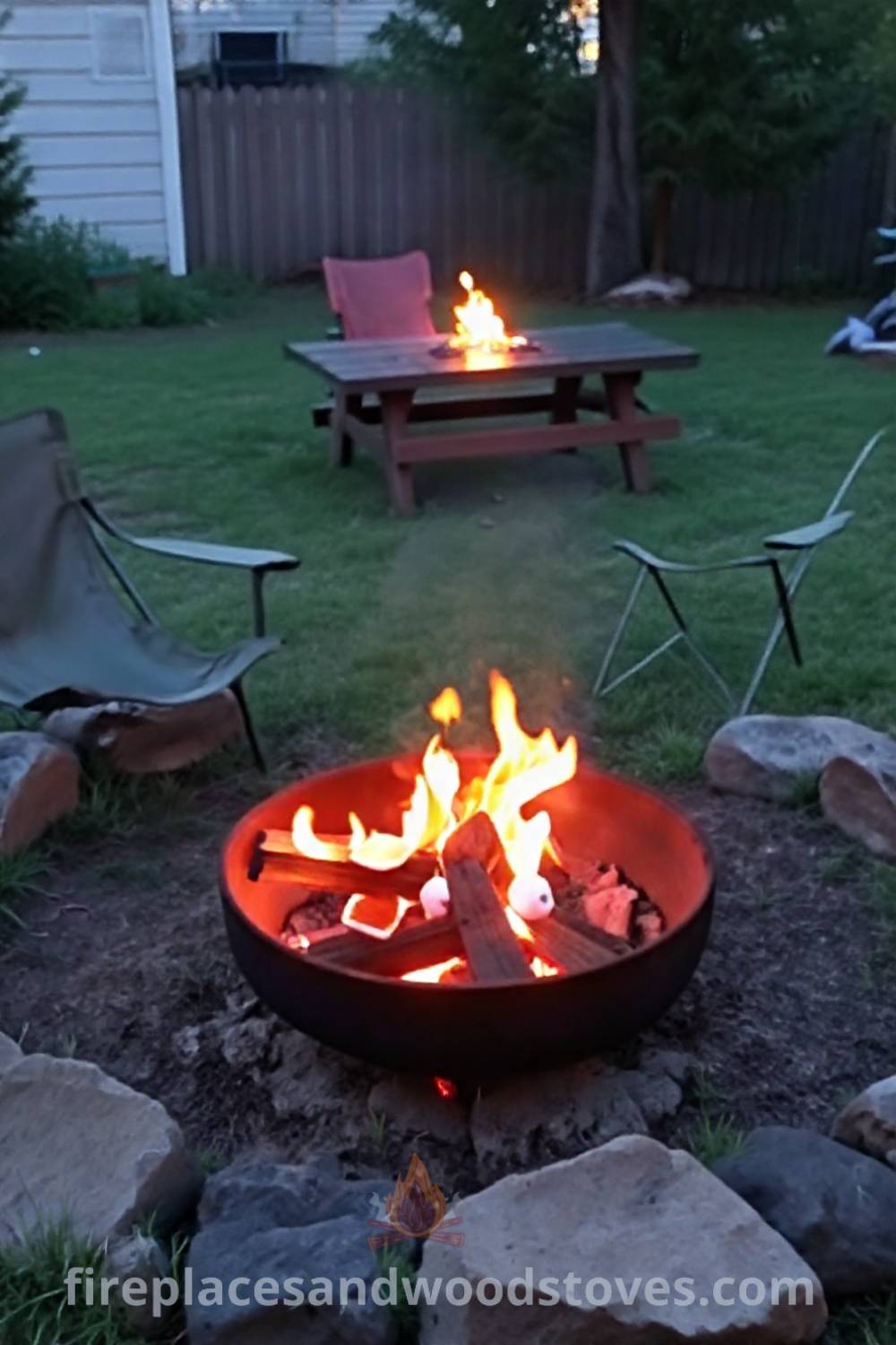 Backyard wood-burning fire pit surrounded by grass and stones, with camping chairs and a picnic table featuring half-finished s